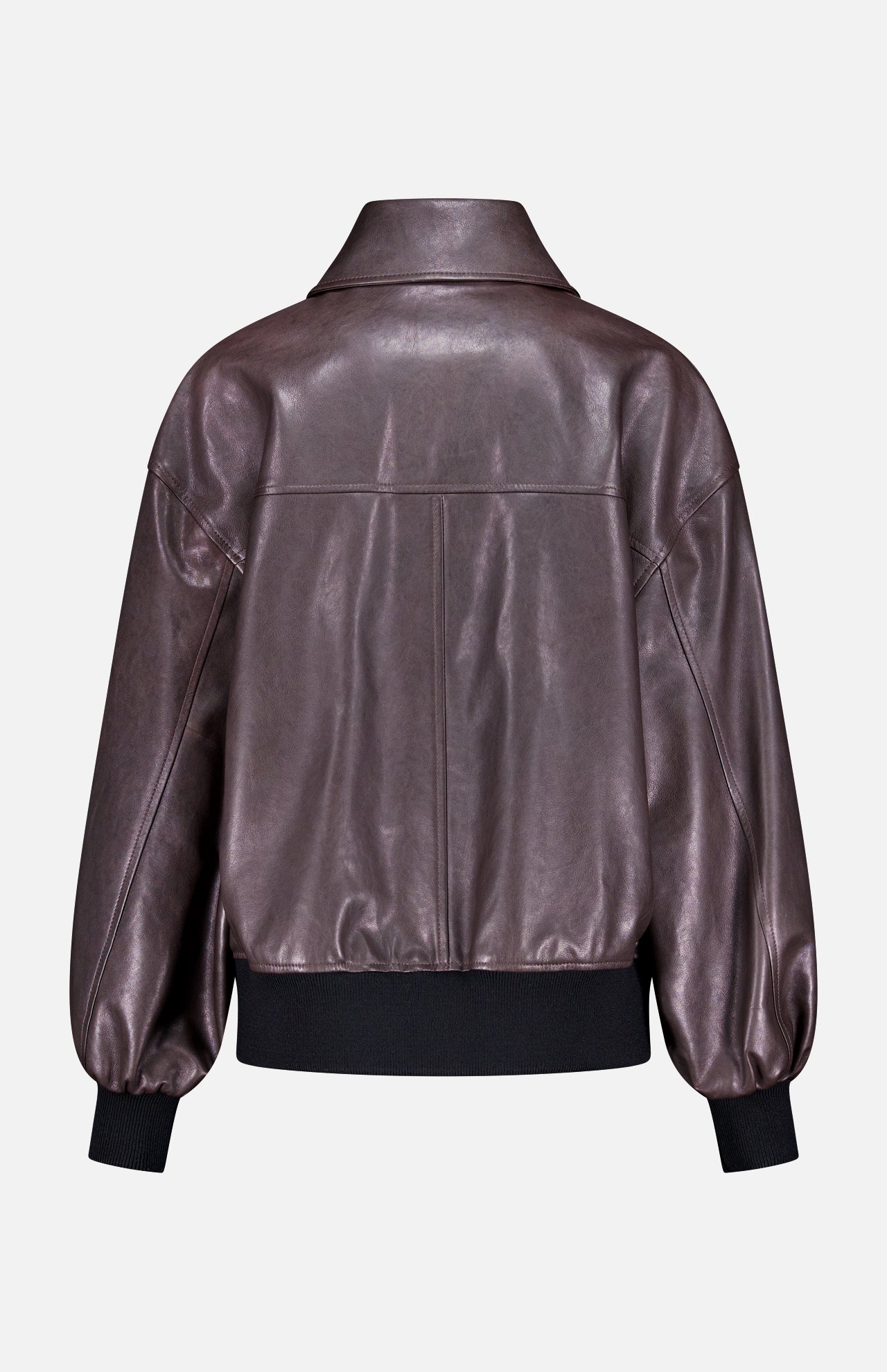 Back view of the KHAITE Shelman Leather Bomber Jacket in dark brown with a pointed collar, relaxed fit, and black ribbed cuffs and waistband, shown against a plain light background.