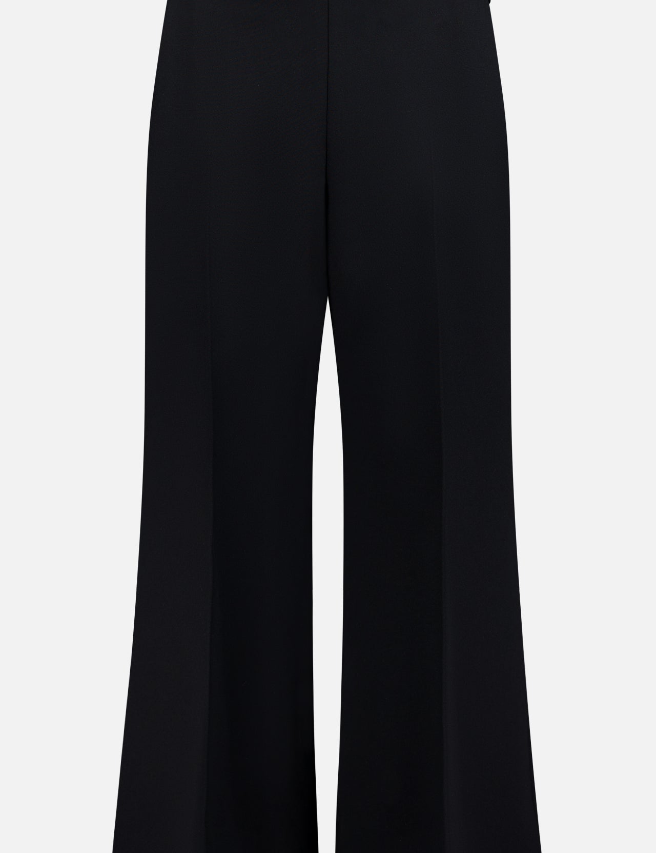 The Walter Bell Leg Pant by KHAITE features a high waist and flared hem in double-faced crepe, ideal for a minimalist wardrobe. Shown against a plain white background.