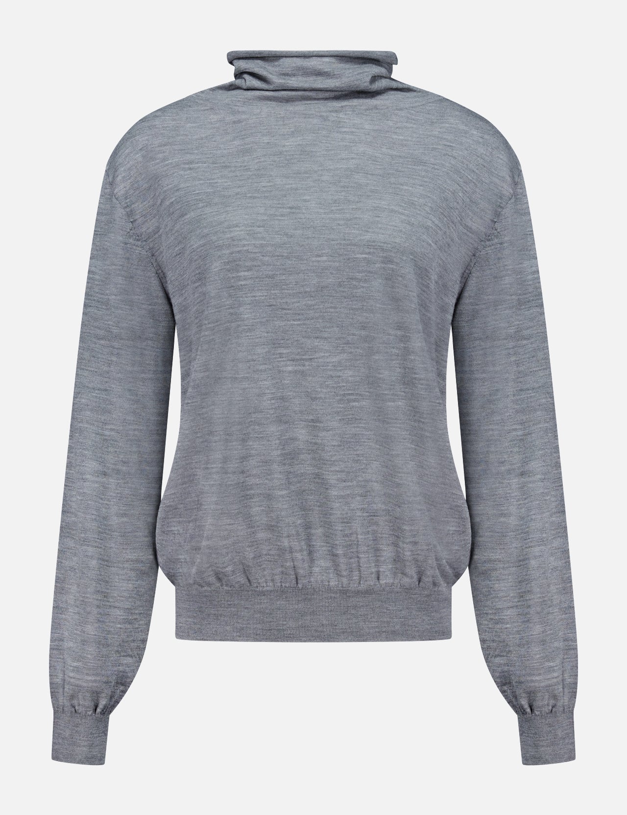 The KHAITE Annette Draped Collar Sweater is a long-sleeve, light grey turtleneck with a loose fit and ribbed cuffs and waistband, made in Italy and shown against a plain white background.