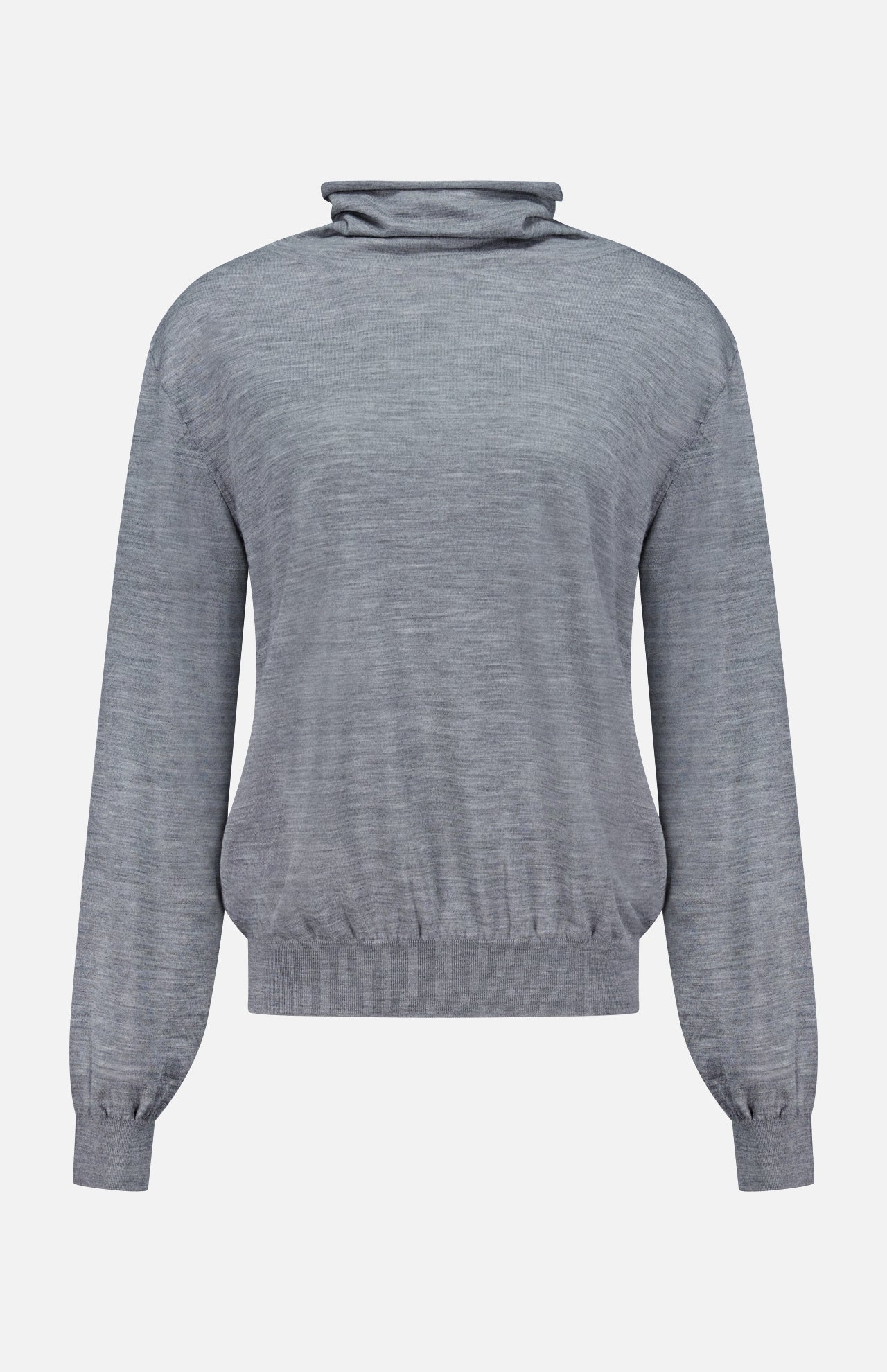 The KHAITE Annette Draped Collar Sweater is a long-sleeve, light grey turtleneck with a loose fit and ribbed cuffs and waistband, made in Italy and shown against a plain white background.