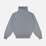 The KHAITE Annette Draped Collar Sweater is a plain grey, loose-fit long-sleeve sweatshirt with gathered cuffs and waistband, made in Italy. Shown laid flat on a white background, back view.