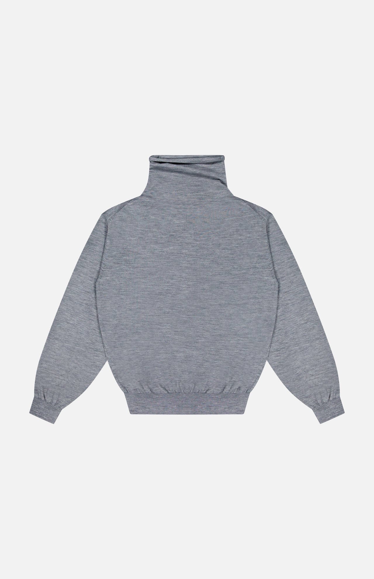 The KHAITE Annette Draped Collar Sweater is a plain grey, loose-fit long-sleeve sweatshirt with gathered cuffs and waistband, made in Italy. Shown laid flat on a white background, back view.