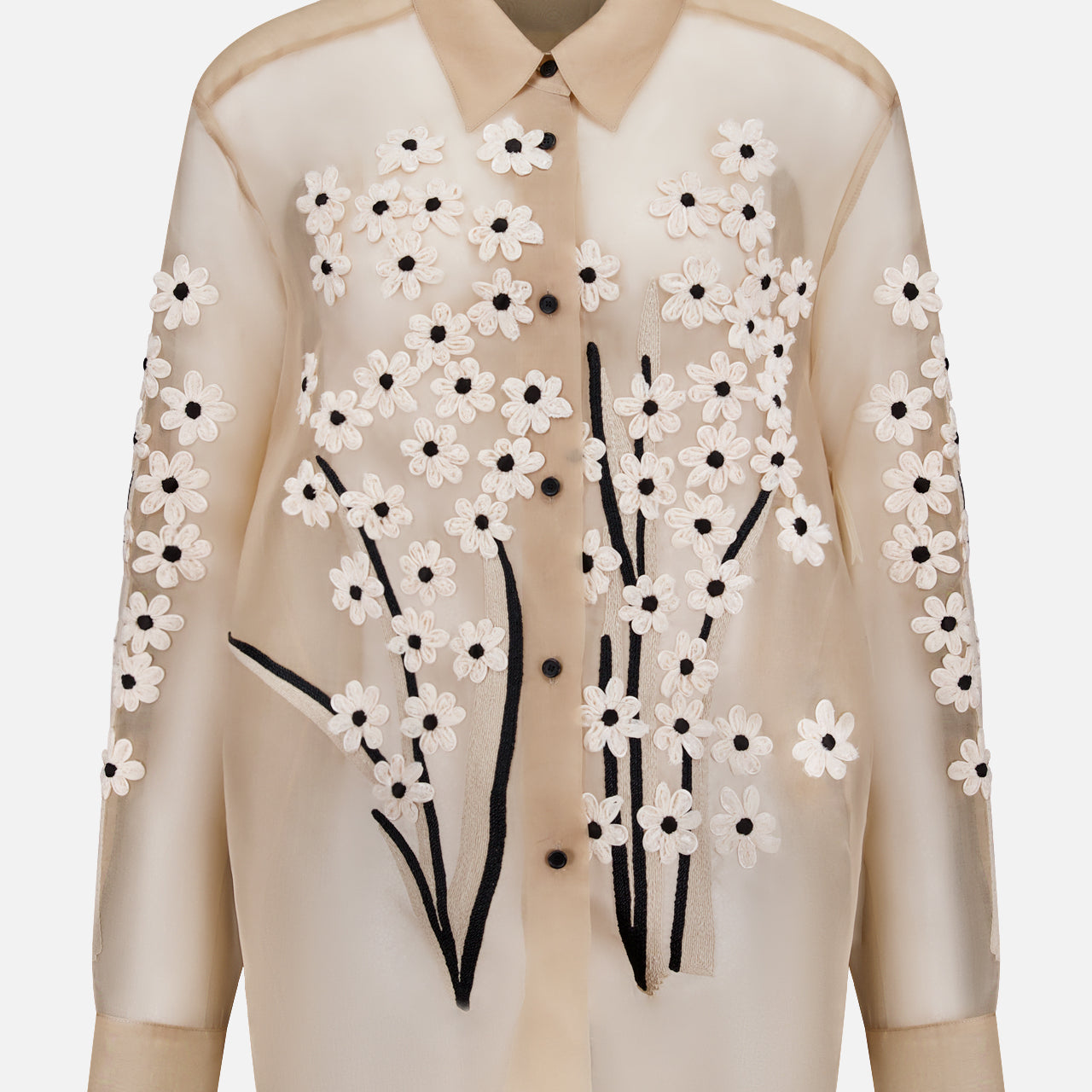 The Argo Top with Floral Embroidery by KHAITE is a sheer beige silk organza blouse featuring a collar, white floral appliqué, and black embroidered stems—an elegant women’s statement piece.
