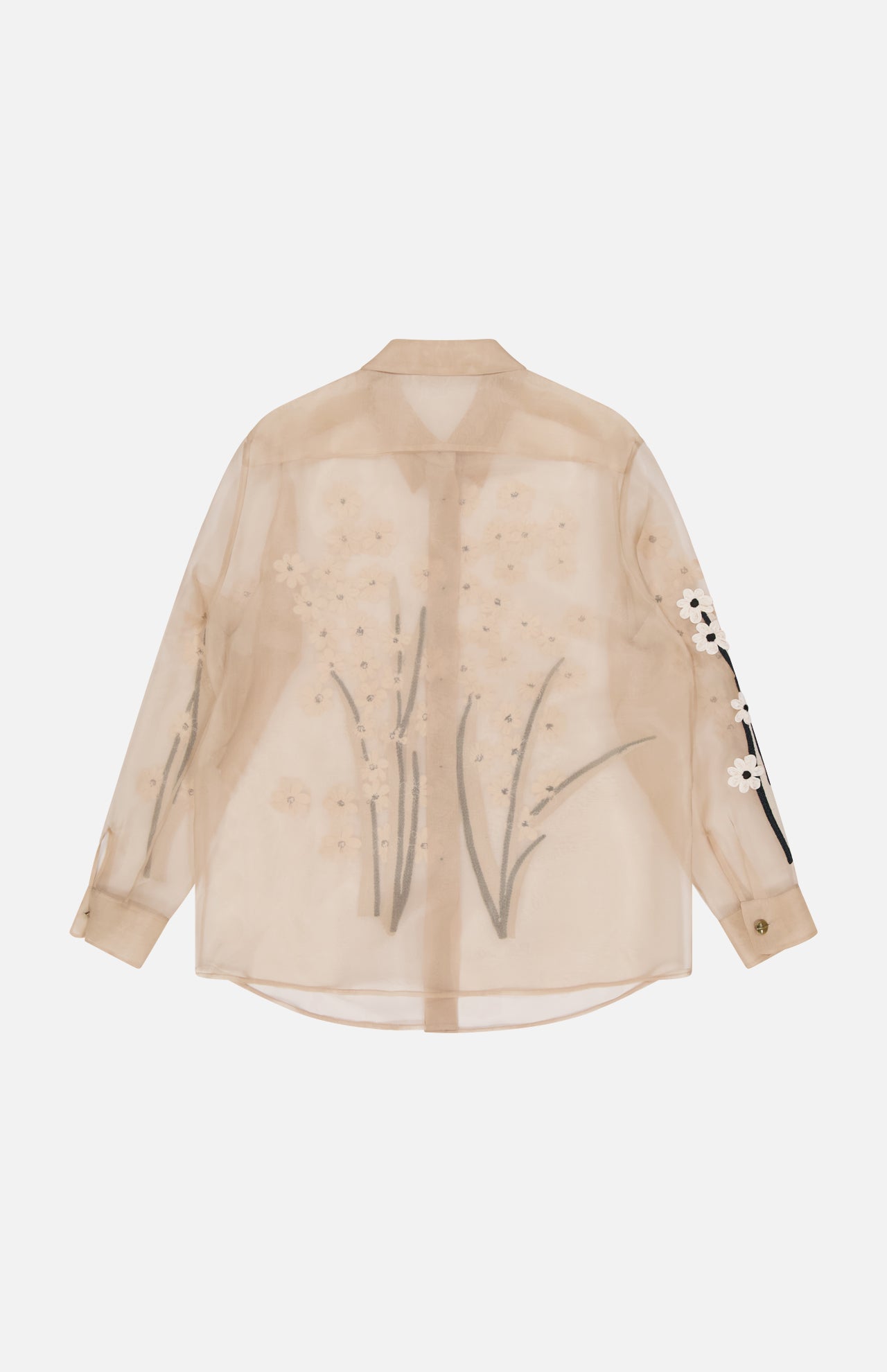 The KHAITE Argo Top with Floral Embroidery is a sheer beige silk organza blouse with a collar, buttoned cuffs, and delicate floral embroidery on the back and one sleeve—an elegant women’s statement piece crafted from lightweight, translucent fabric.