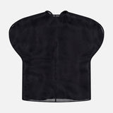 A black Briar Notch Neck Silk Blouse by KHAITE lies flat against a plain light background, its wide shoulders and center seam visible—a piece that embodies quiet luxury with its refined silhouette.