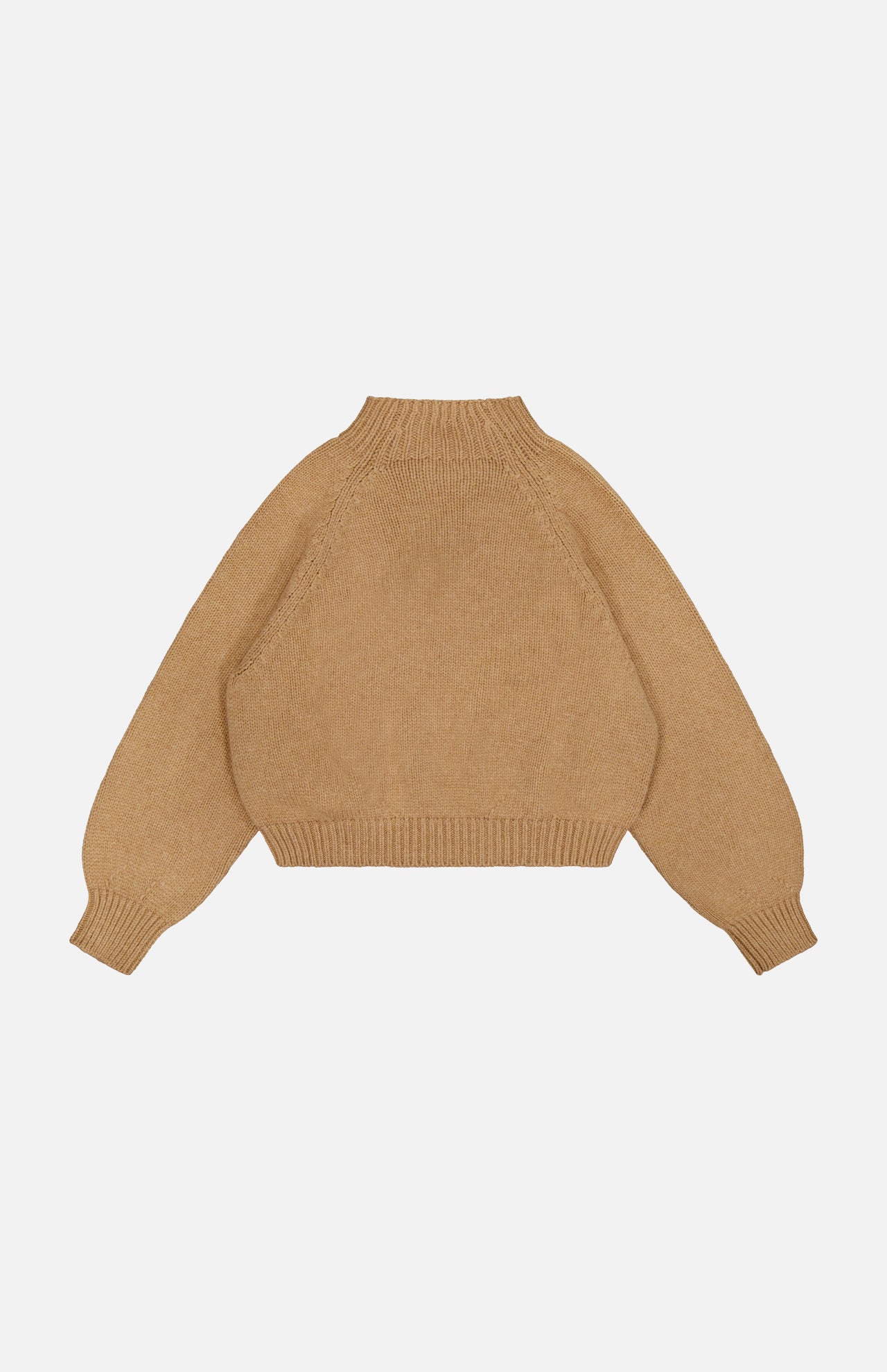 The KHAITE Cain Split Neck Cashmere Sweater—a brown, long-sleeve knit crafted from lightweight cashmere and featuring a ribbed mock neck, cuffs, and hem—makes an ideal addition to any minimalist wardrobe. Shown here laid flat on a white background.