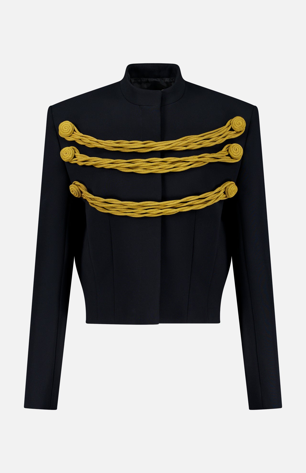 The Cord Embroidery York Jacket by KHAITE is a black, structured military-inspired piece with a high collar, distinguished by two rows of thick yellow braided trim with rosette ends across the chest and detailed gold cord embroidery for added distinction.