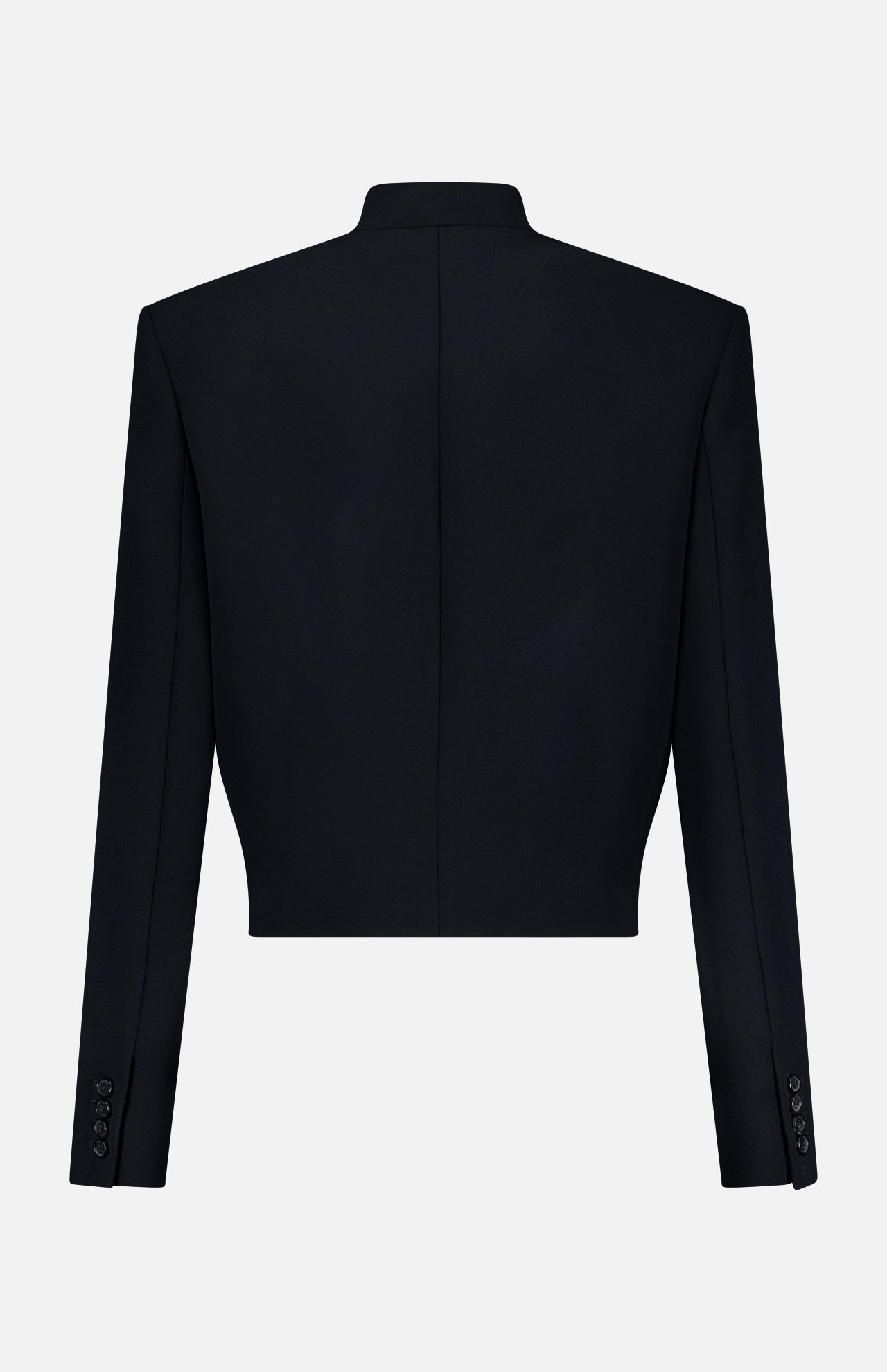 The Cord Embroidery York Jacket by KHAITE is showcased from the back in black, highlighting its long sleeves, straight hem, central back seam, buttoned cuffs, and a structured, tailored silhouette inspired by modern military design against a plain background.