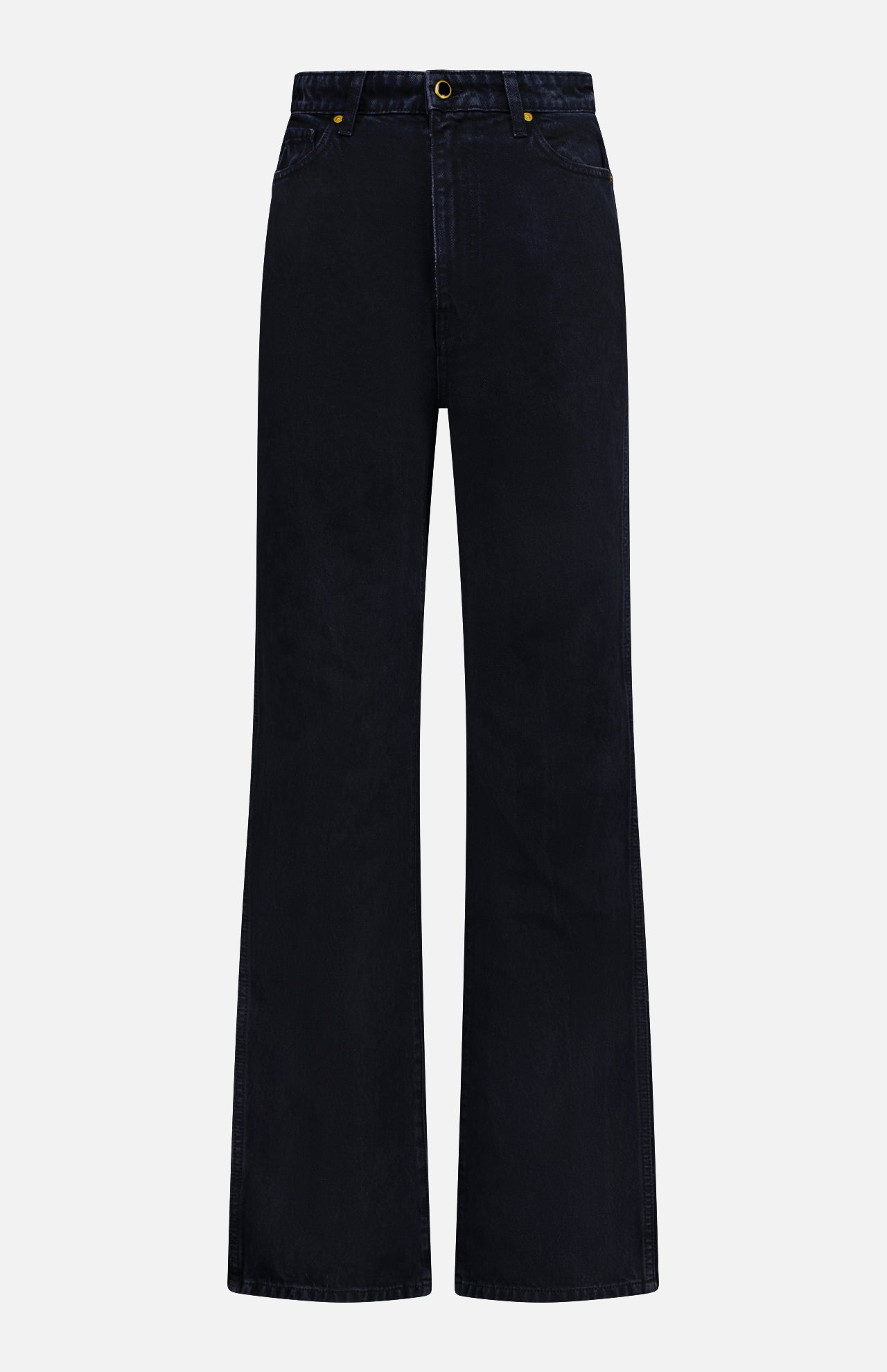The KHAITE Danielle Jean in Prescott features a high waist, wide-leg stovepipe silhouette, front pockets, and a button closure, shown here in black against a plain white background.