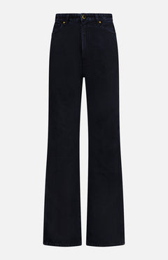 The KHAITE Danielle Jean in Prescott features a high waist, wide-leg stovepipe silhouette, front pockets, and a button closure, shown here in black against a plain white background.