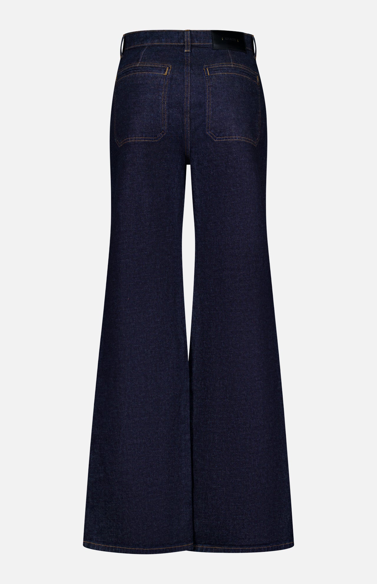 Back view of the KHAITE Delmonico Wide Leg Jean in Benson, featuring a high-waisted, wide-leg dark wash design with two rear pockets and orange stitching, shown against a plain white background.