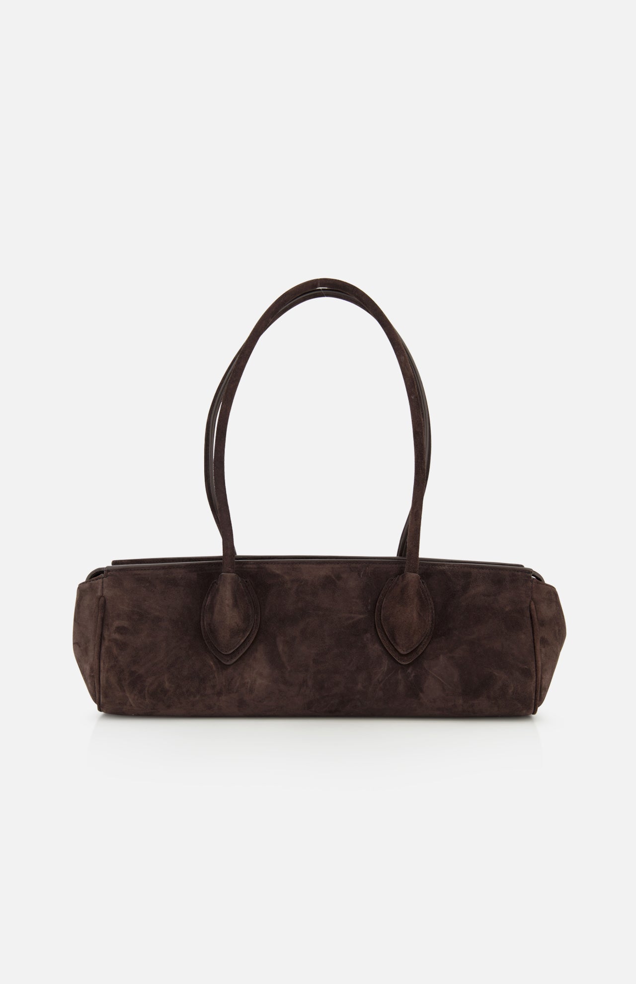The KHAITE Donna Soft Handbag, expertly crafted in Italy from dark brown suede and featuring long double handles, is displayed against a plain white background.