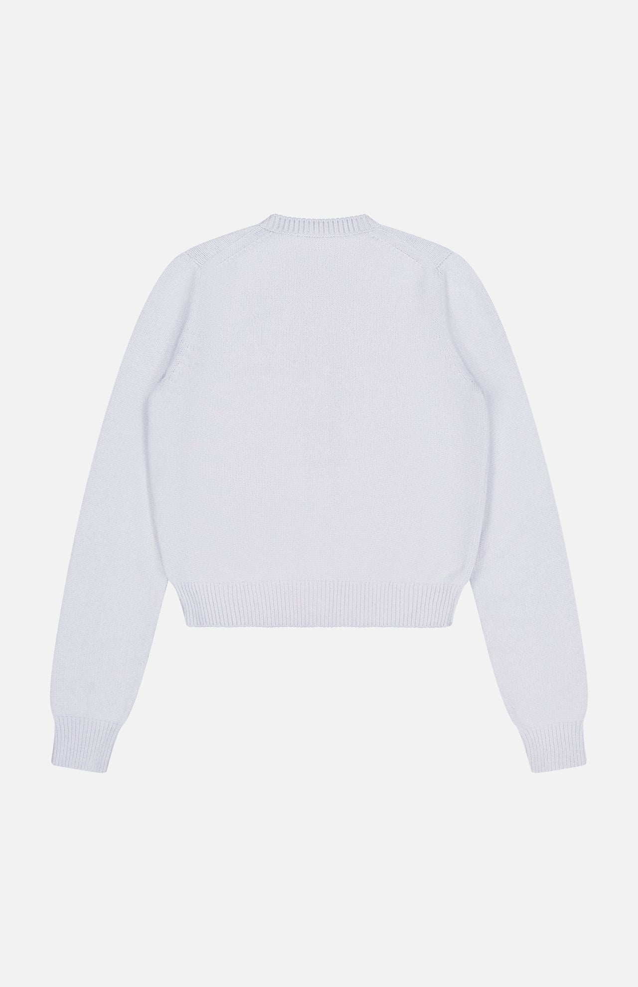 The KHAITE Everheart Suede Button Cardigan, a minimalist long-sleeve knit with ribbed cuffs, hem, and collar, is displayed flat with the back facing up against a white background.