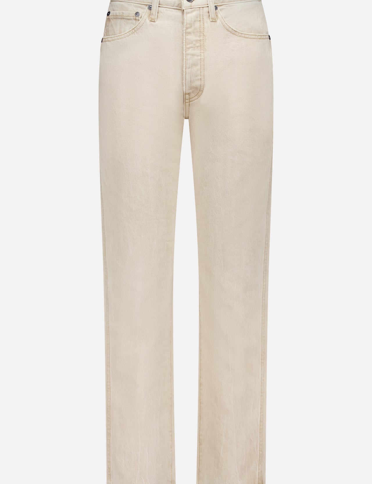 The KHAITE Finley Jean in Dumas is a pair of straight-leg, mid-rise beige jeans in stretch-free denim with five pockets, belt loops, and a button fly, shown against a white background.