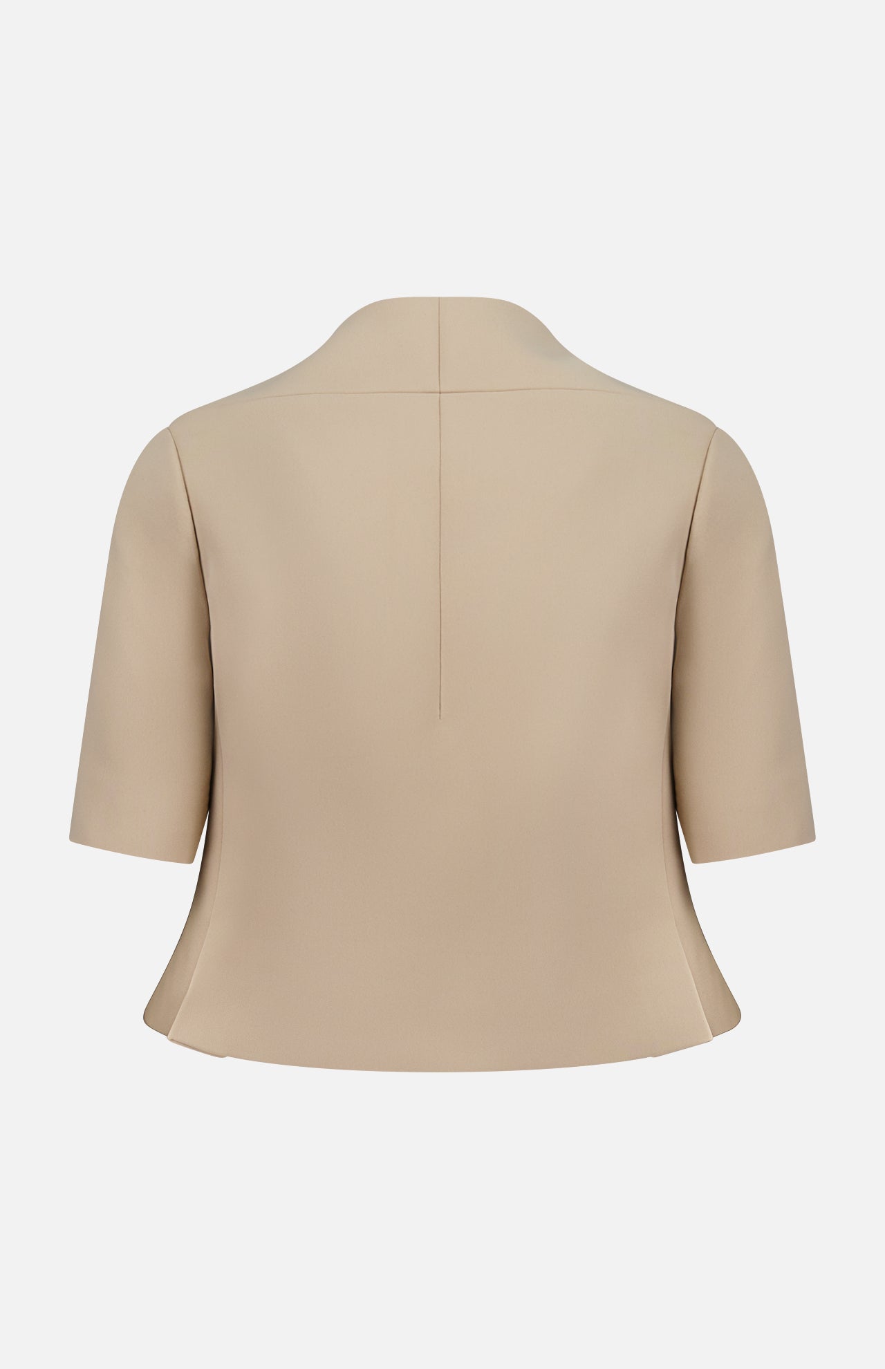 The KHAITE Folded Neck Franc Jacket, a beige tailored blazer with short sleeves in Italian crepe, is pictured from the back on a white background. Its clean center seam and structured fit suit any minimalist wardrobe.