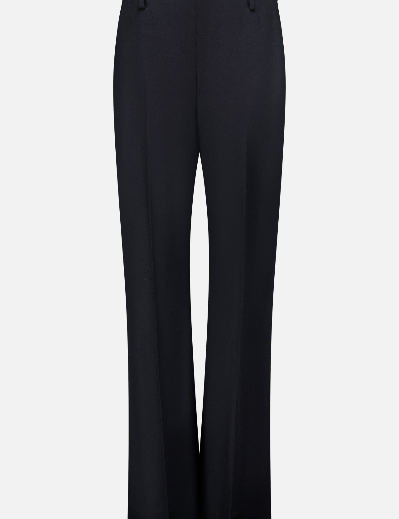 The Grenare Straight Leg Pant by KHAITE features a tailored fit with a straight-leg cut, detailed with belt loops and a clean, minimal design crafted from premium black wool. Made in Italy and shown against a white background.