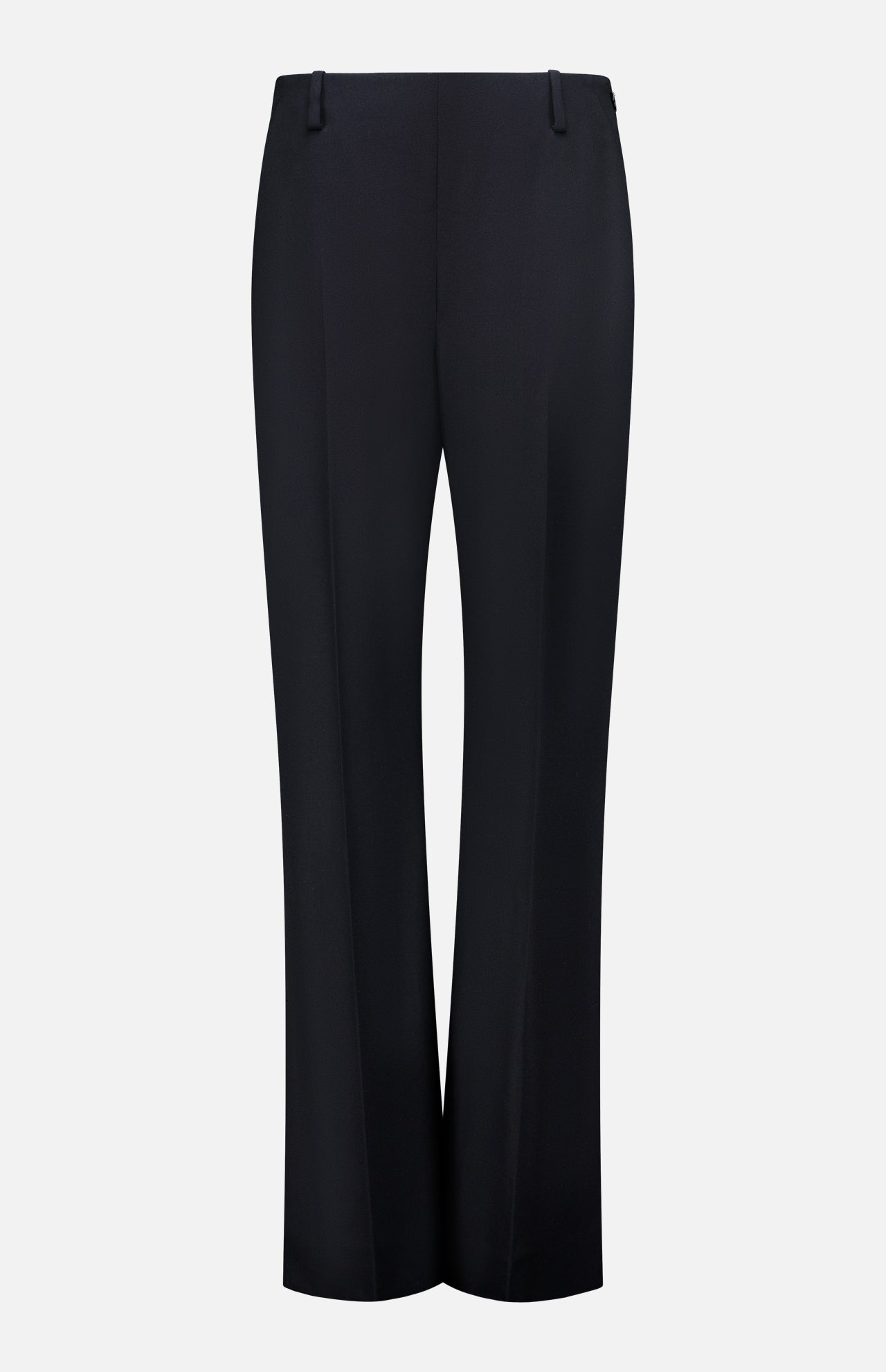 The Grenare Straight Leg Pant by KHAITE features a tailored fit with a straight-leg cut, detailed with belt loops and a clean, minimal design crafted from premium black wool. Made in Italy and shown against a white background.