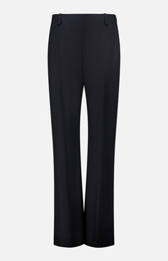 The Grenare Straight Leg Pant by KHAITE features a tailored fit with a straight-leg cut, detailed with belt loops and a clean, minimal design crafted from premium black wool. Made in Italy and shown against a white background.