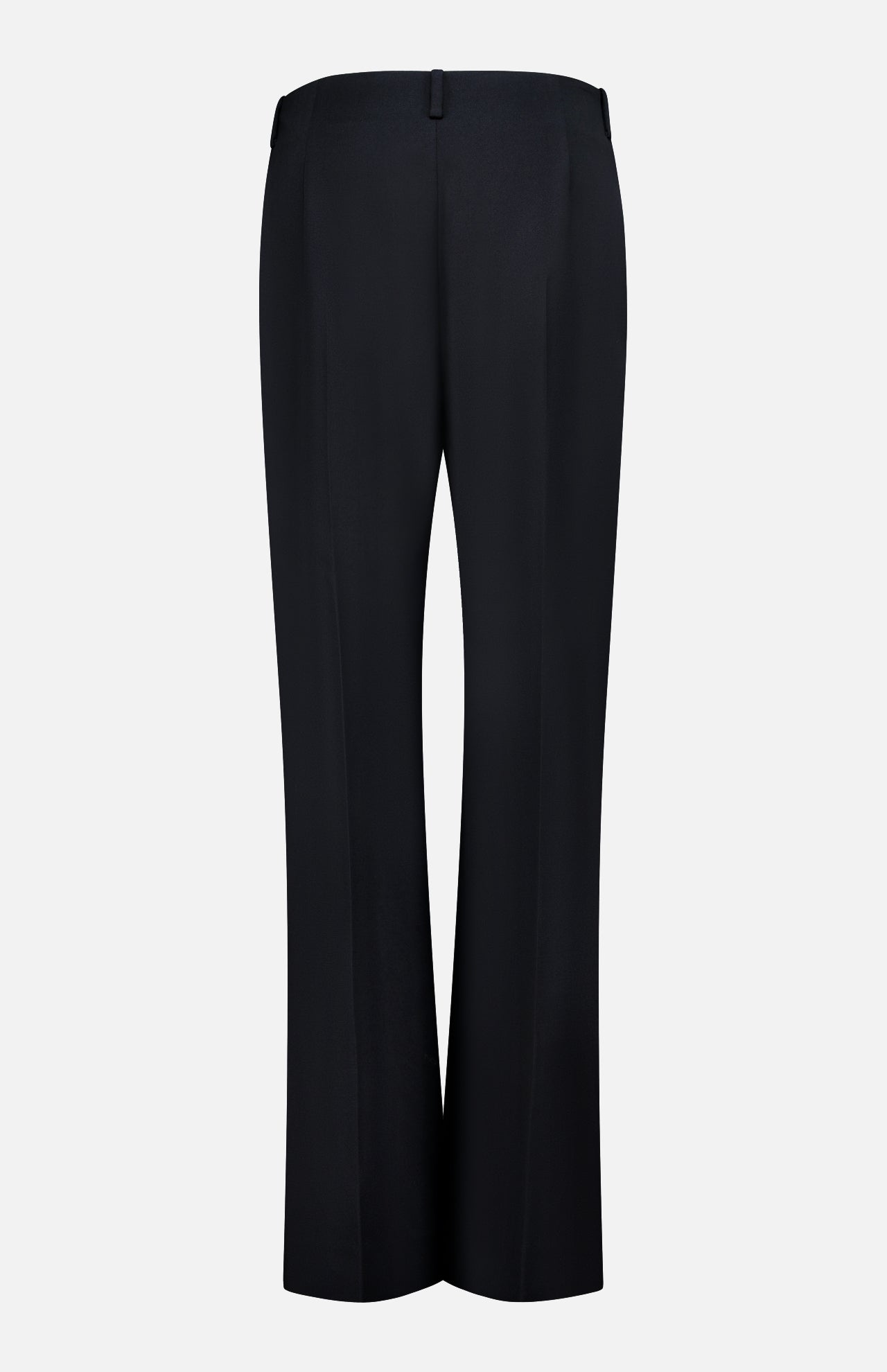 Back view of the KHAITE Grenare Straight Leg Pant in black wool, showcasing a tailored fit with belt loops and neatly pressed creases, made in Italy and displayed against a plain white background.