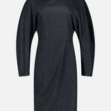 Charcoal dress: Dark gray, long-sleeved Harlin Draped Midi Dress by KHAITE, featuring a high neckline and fitted waist, knee-length silhouette, displayed on a plain white background. Minimalist wardrobe: Dark gray Harlin Draped Midi Dress by KHAITE—a long-sleeved, knee-length design with a high neckline and fitted waist—an elegant choice for a minimalist wardrobe, shown against a plain white background. Italian wool-cashmere: The dark gray Harlin Draped Midi Dress by KHAITE is crafted from luxurious