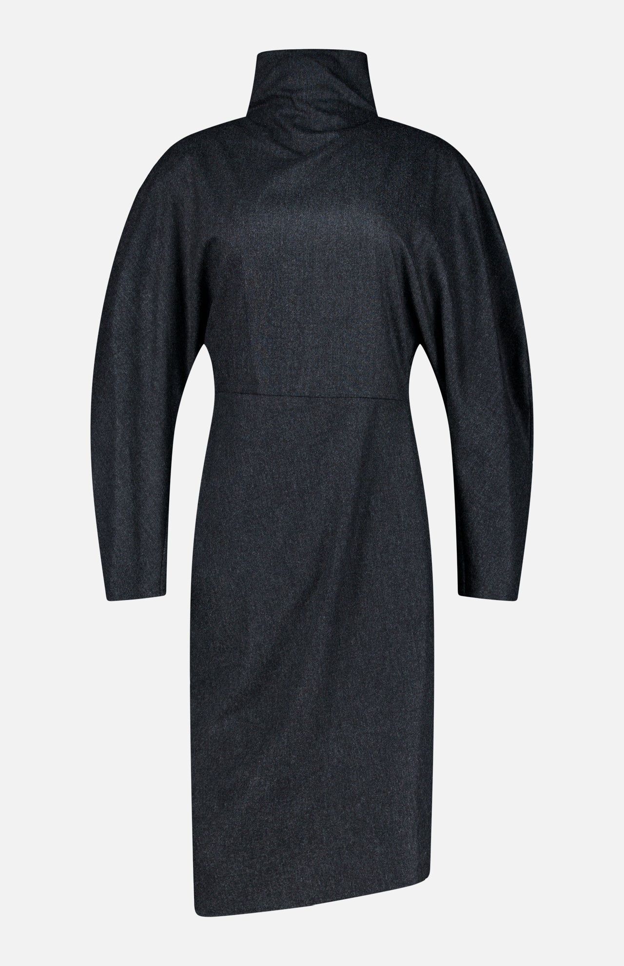 Charcoal dress: Dark gray, long-sleeved Harlin Draped Midi Dress by KHAITE, featuring a high neckline and fitted waist, knee-length silhouette, displayed on a plain white background. Minimalist wardrobe: Dark gray Harlin Draped Midi Dress by KHAITE—a long-sleeved, knee-length design with a high neckline and fitted waist—an elegant choice for a minimalist wardrobe, shown against a plain white background. Italian wool-cashmere: The dark gray Harlin Draped Midi Dress by KHAITE is crafted from luxurious