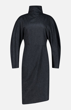 Charcoal dress: Dark gray, long-sleeved Harlin Draped Midi Dress by KHAITE, featuring a high neckline and fitted waist, knee-length silhouette, displayed on a plain white background. Minimalist wardrobe: Dark gray Harlin Draped Midi Dress by KHAITE—a long-sleeved, knee-length design with a high neckline and fitted waist—an elegant choice for a minimalist wardrobe, shown against a plain white background. Italian wool-cashmere: The dark gray Harlin Draped Midi Dress by KHAITE is crafted from luxurious