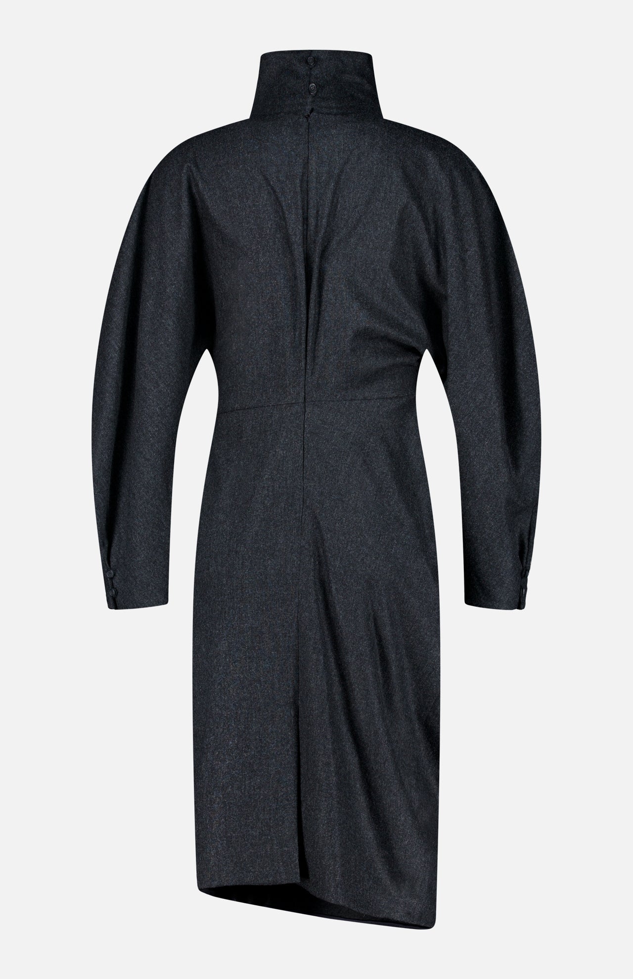 Back view of the KHAITE Harlin Draped Midi Dress in dark grey Italian wool-cashmere, featuring long sleeves with buttoned cuffs, a high collar, and an asymmetric hem—a refined choice for the minimalist wardrobe—displayed against a plain white background.