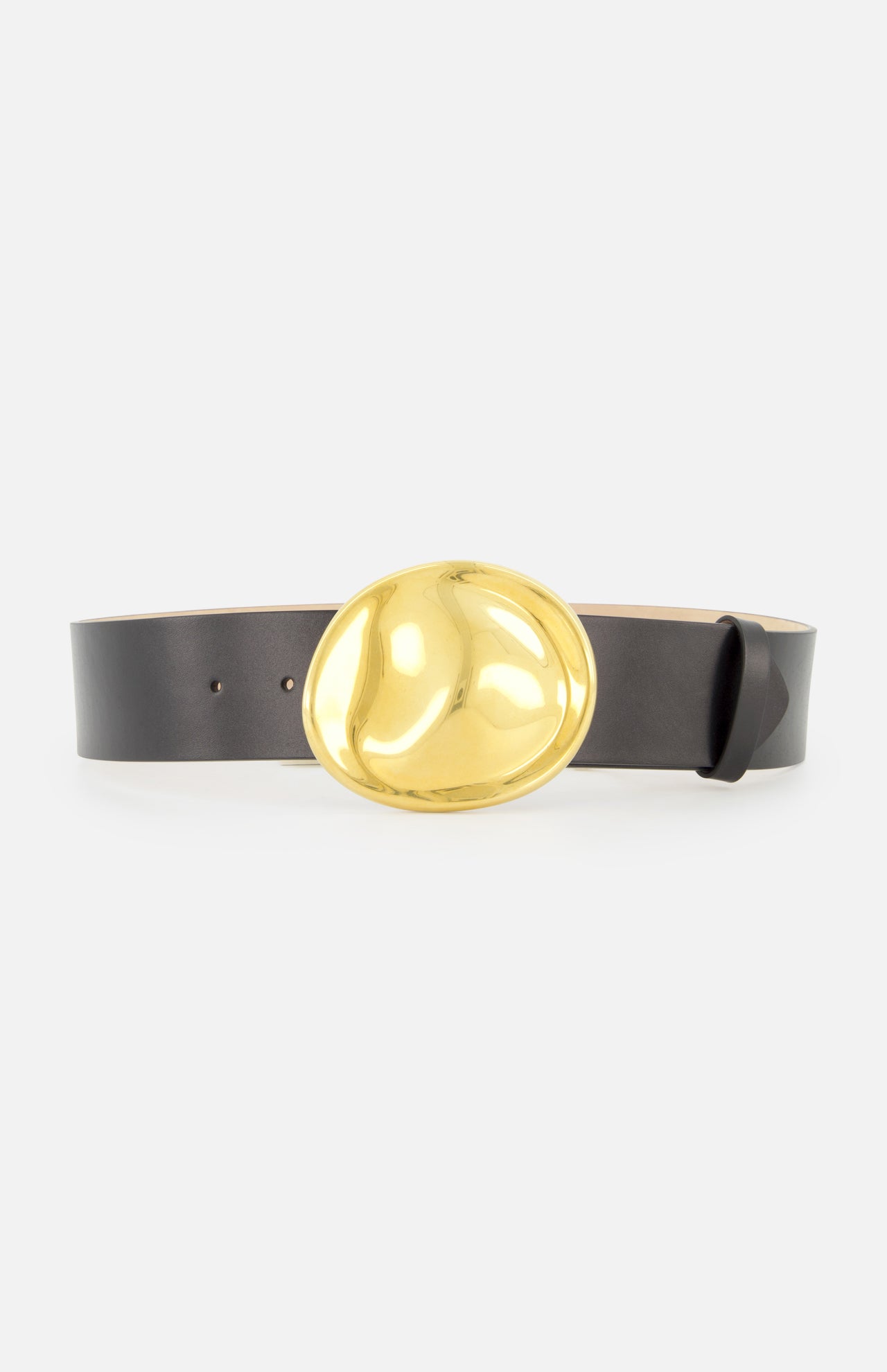 The KHAITE Keefe Dome Buckle Belt 35MM is a black leather belt made in Italy, featuring a large, shiny gold dome buckle, displayed against a plain white background.