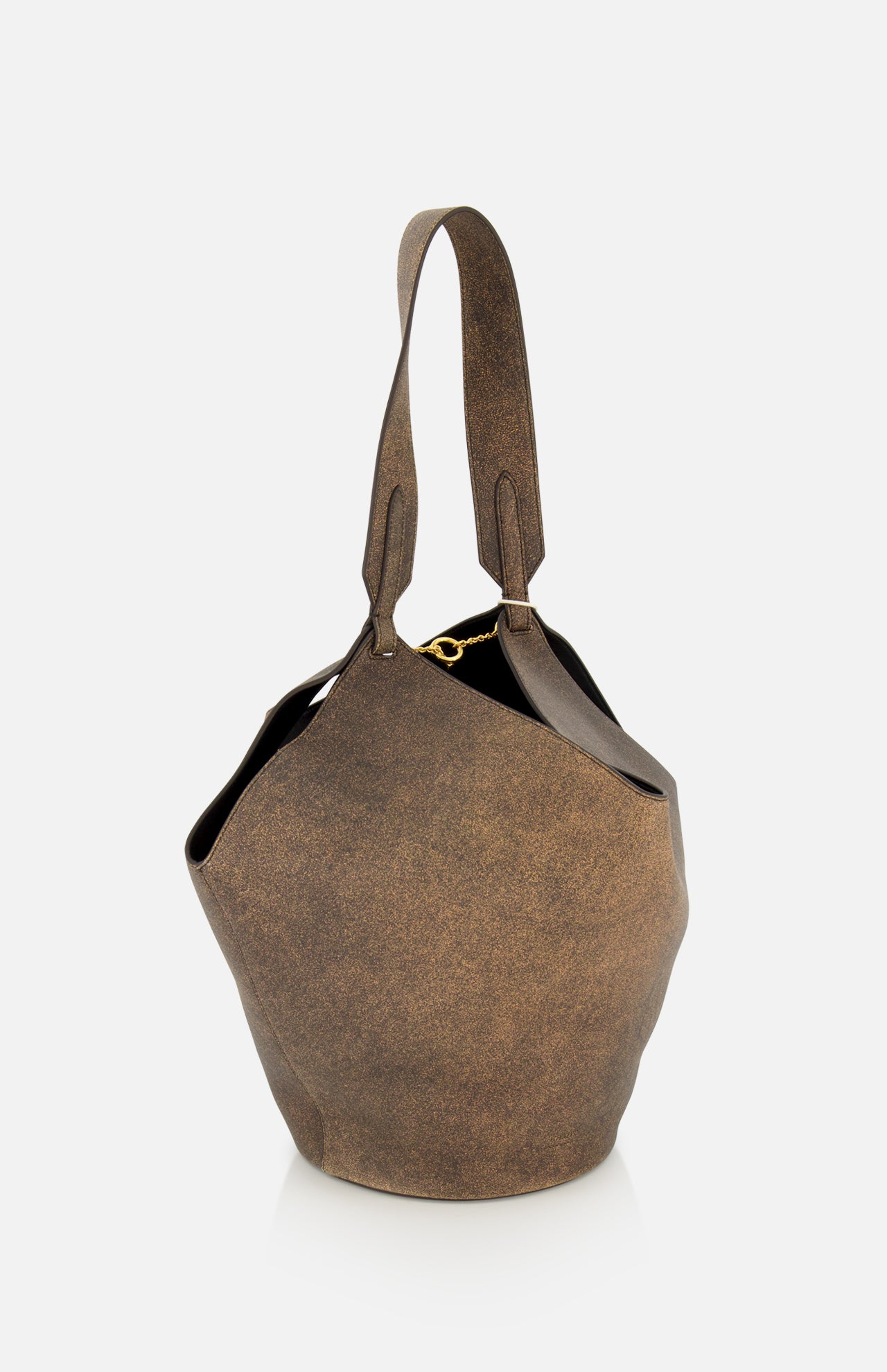 The KHAITE Lotus Small Tote Bag, crafted in Italy from distressed brown leather and featuring a single thick handle and distinctive sculptural shape, is the ideal accessory to elevate a minimalist wardrobe. It is shown here against a plain white background.