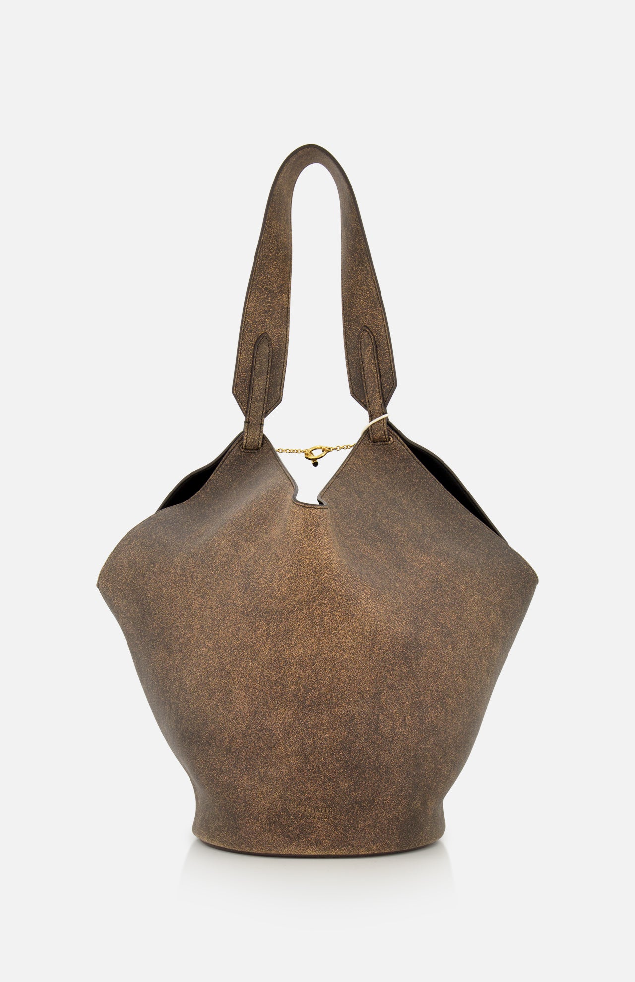 KHAITE’s Lotus Small Tote Bag—a brown, textured distressed leather tote with a wide, curved silhouette, two sturdy handles, and a subtle gold chain clasp at the center opening—is thoughtfully crafted in Italy for the minimalist wardrobe and showcased on a plain white background.