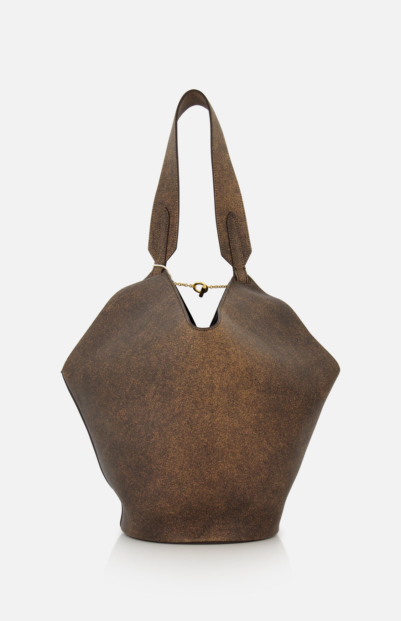 The Lotus Small Tote Bag by KHAITE is a brown, oversized, slouchy distressed leather tote crafted in Italy, featuring wide handles and a gold chain detail across the top opening. Shown against a plain white background, this bag is perfect for elevating any minimalist wardrobe.