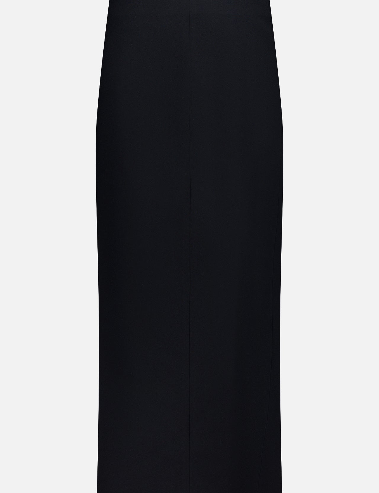 The KHAITE Lyle Column Skirt, a black knee-length pencil skirt with a straight, tailored fit, is ideal for minimalist wardrobes and is displayed against a white background.