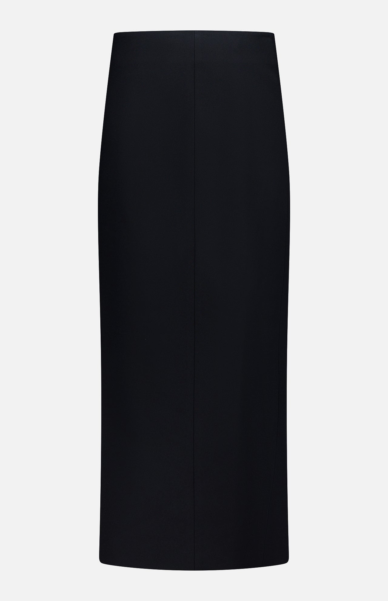 The KHAITE Lyle Column Skirt, a black knee-length pencil skirt with a straight, tailored fit, is ideal for minimalist wardrobes and is displayed against a white background.