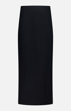 The KHAITE Lyle Column Skirt, a black knee-length pencil skirt with a straight, tailored fit, is ideal for minimalist wardrobes and is displayed against a white background.