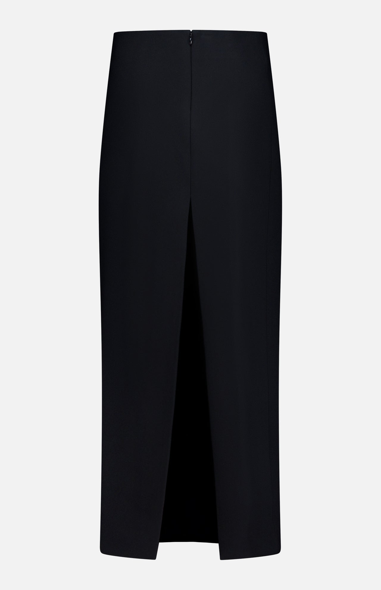 The Lyle Column Skirt by KHAITE is a black, knee-length Italian-made pencil skirt with a high front-center slit and concealed back zipper—ideal for minimalist style. Shown on a plain white background.