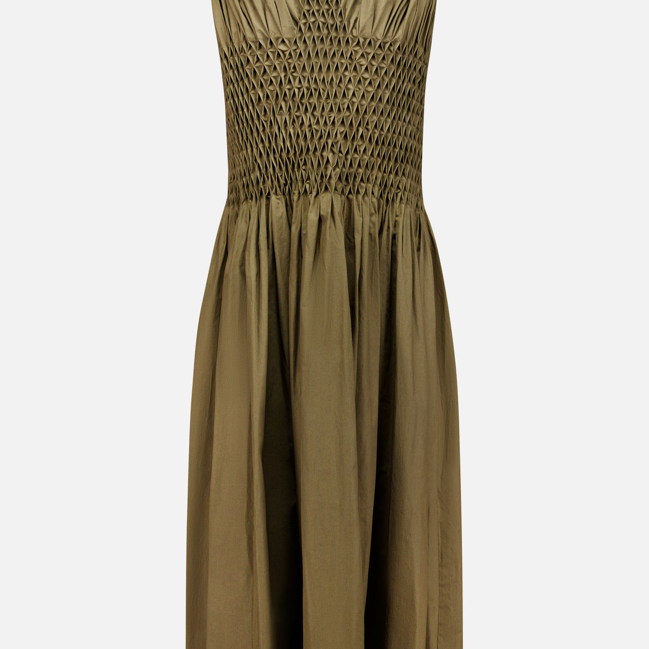The KHAITE Nola Smocked Waist Dress is a sleeveless dark olive dress with a V-neckline, a ruched bodice featuring a hand-smocked waist with intricate detailing, and a flared, knee-length skirt crafted from lightweight, subtly lustrous fabric.