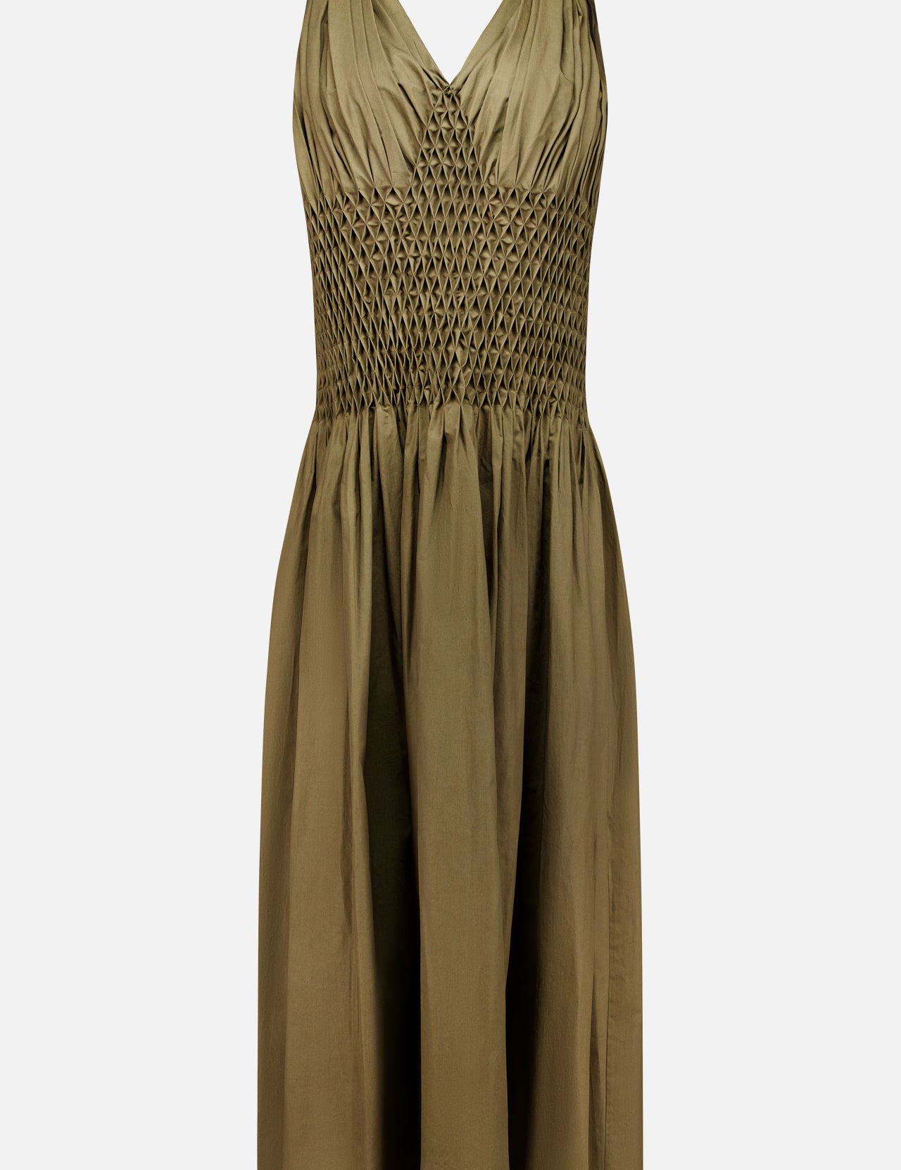 The KHAITE Nola Smocked Waist Dress is a sleeveless dark olive dress with a V-neckline, a ruched bodice featuring a hand-smocked waist with intricate detailing, and a flared, knee-length skirt crafted from lightweight, subtly lustrous fabric.