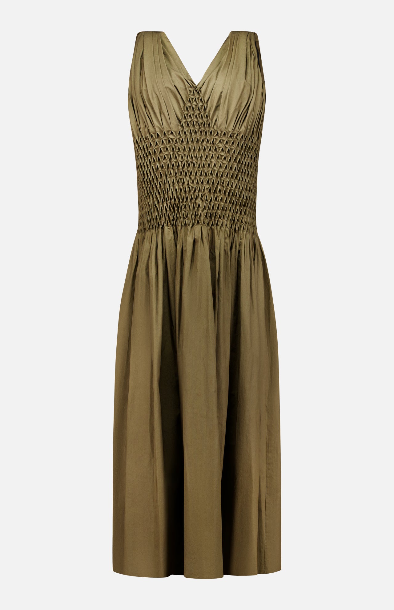 The KHAITE Nola Smocked Waist Dress is a sleeveless dark olive dress with a V-neckline, a ruched bodice featuring a hand-smocked waist with intricate detailing, and a flared, knee-length skirt crafted from lightweight, subtly lustrous fabric.
