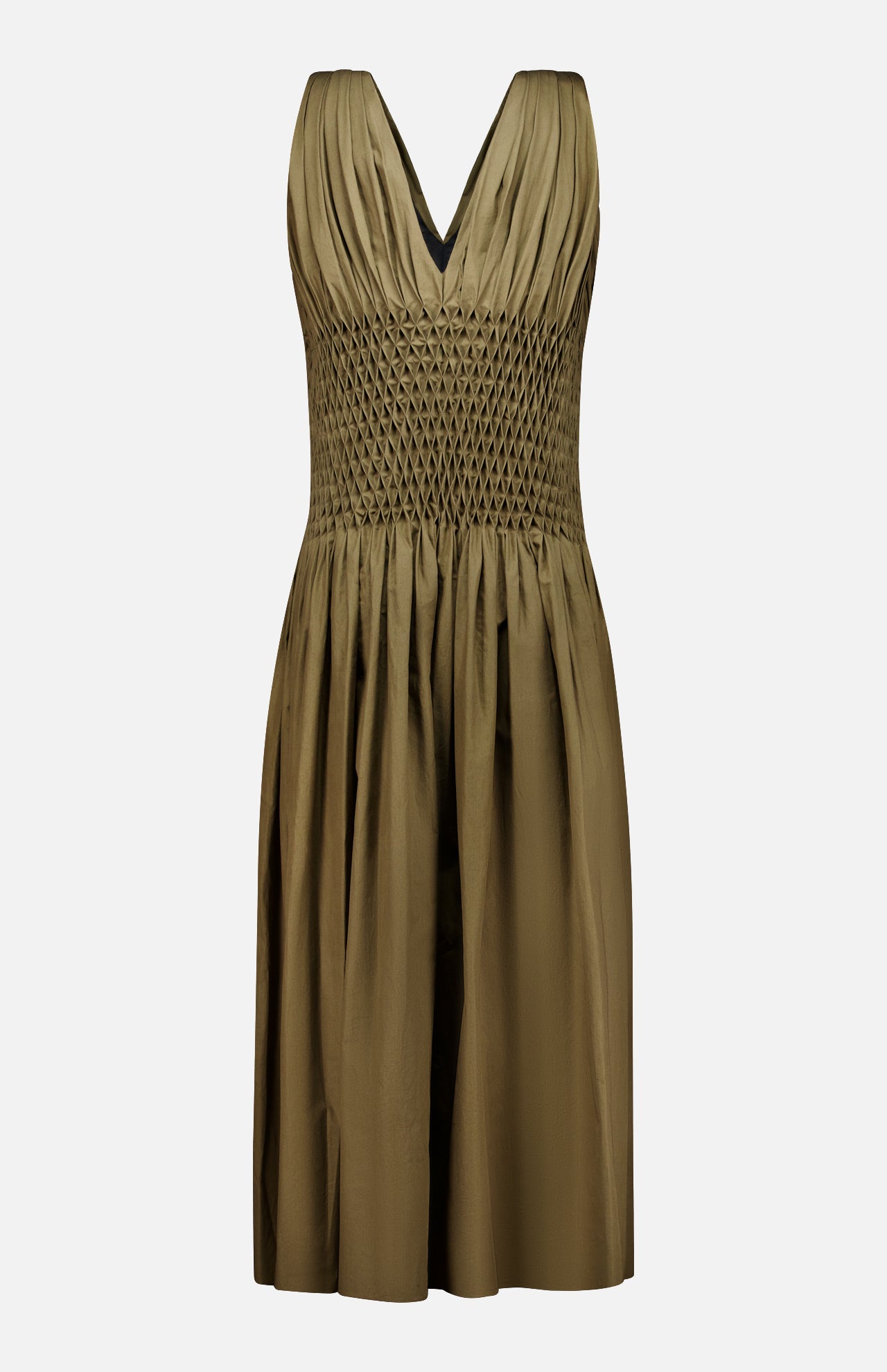 The KHAITE Nola Smocked Waist Dress is a sleeveless dark olive design featuring a deep V-neckline, hand-smocked waist, pleated bodice, and softly gathered knee-length skirt, shown against a white background.