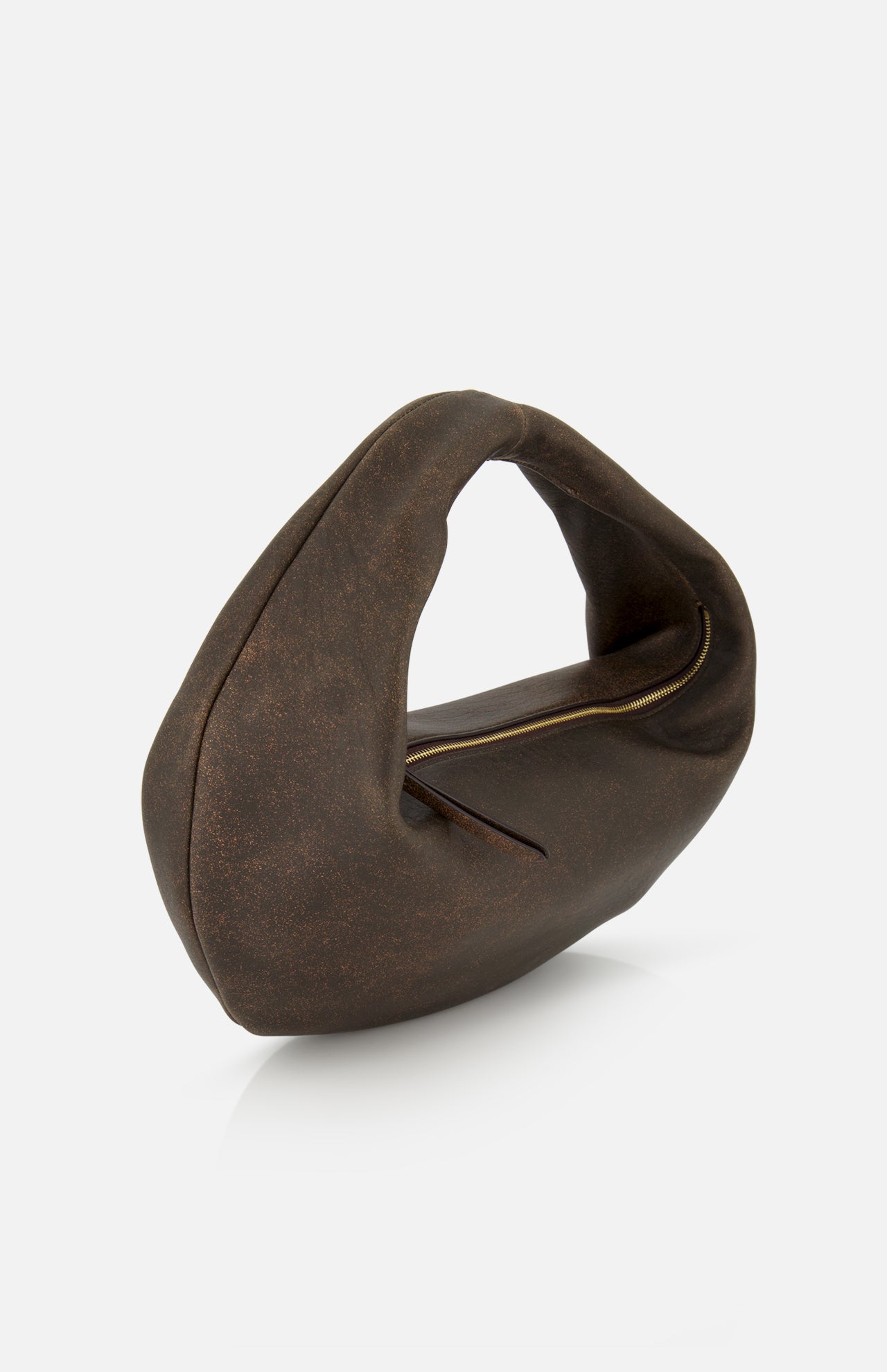 The KHAITE Olivia Hobo Medium Shoulder Bag is a crescent-shaped handbag in brown distressed leather, featuring a curved handle and a visible top zipper, displayed against a plain white background.