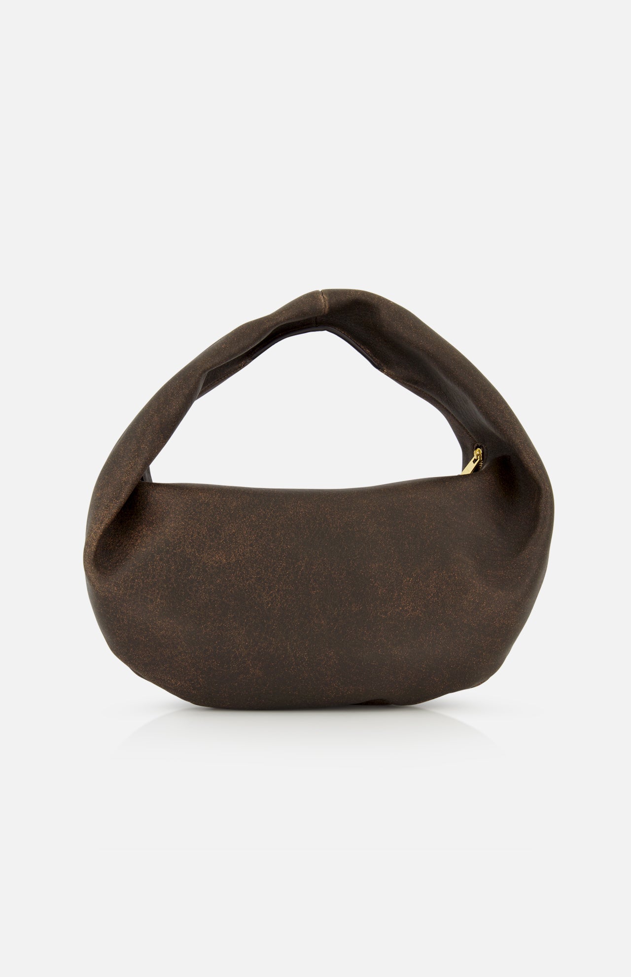 The Olivia Hobo Medium Shoulder Bag by KHAITE is a brown, crescent-shaped medium hobo crafted from distressed leather with a wide, curved handle, shown against a plain white background.