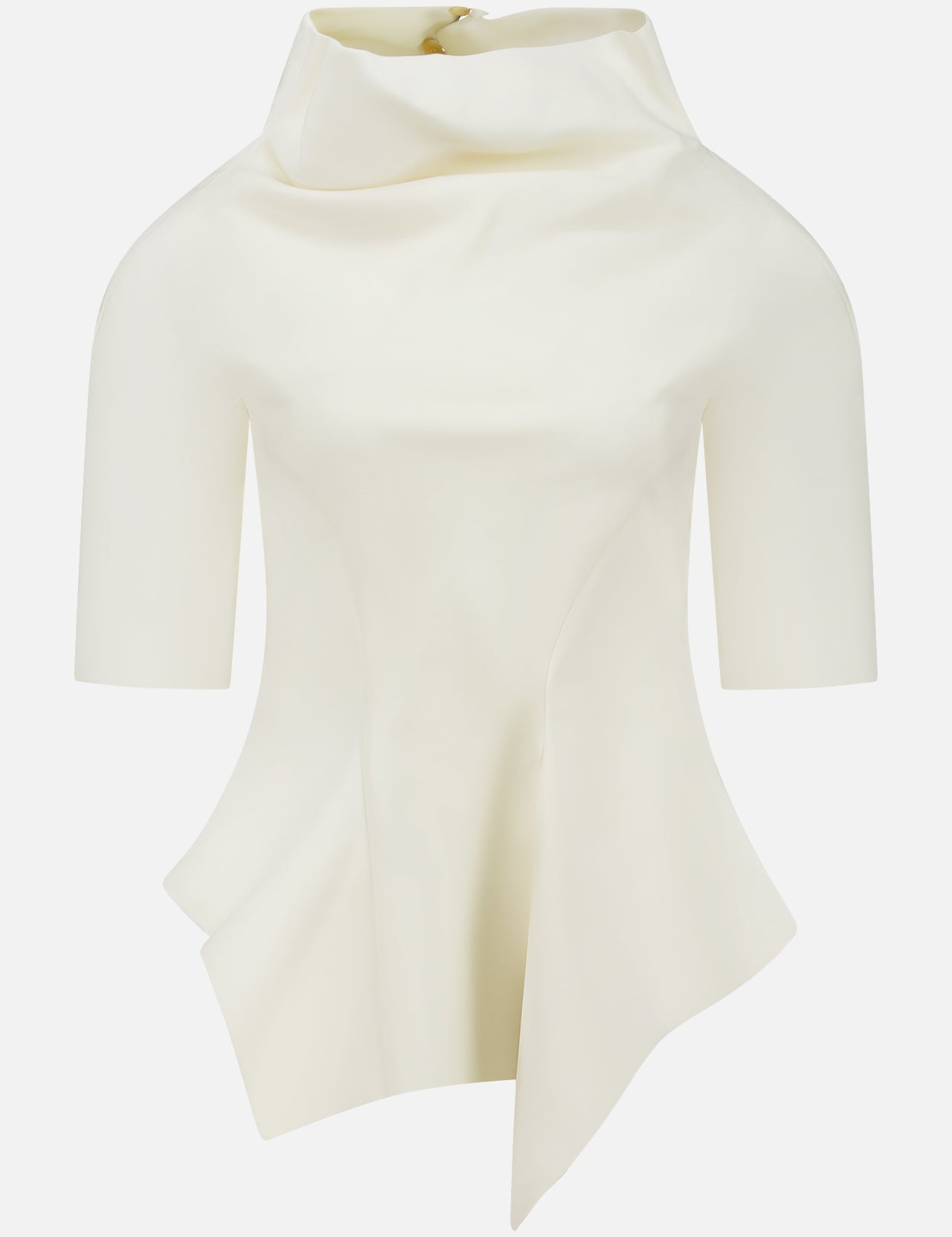 The Pippa Peplum Top by KHAITE features a cream Italian wool suiting with a draped funnel neckline and asymmetrical sculpted hemline, set against a plain background.