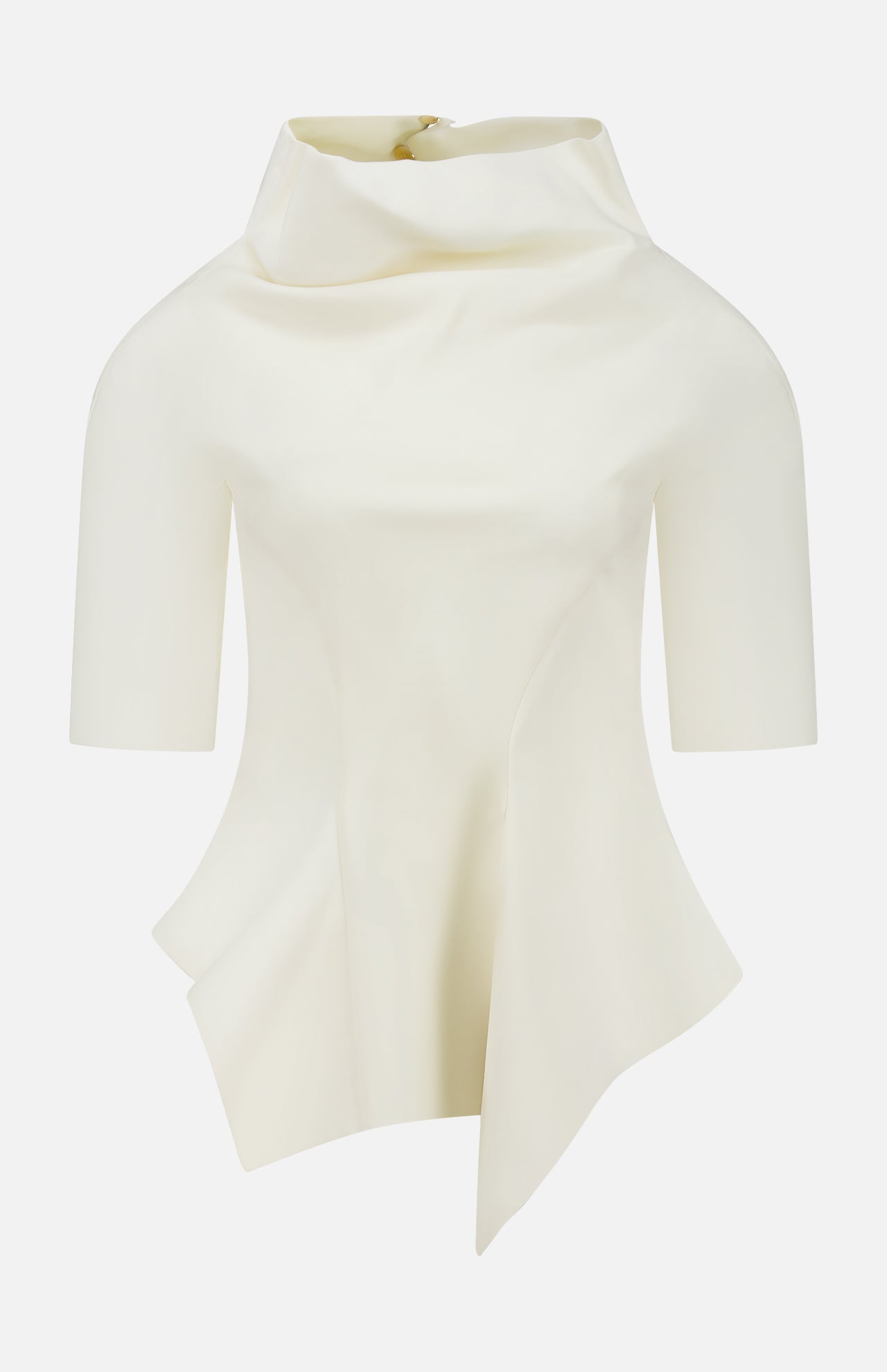 The Pippa Peplum Top by KHAITE features a cream Italian wool suiting with a draped funnel neckline and asymmetrical sculpted hemline, set against a plain background.