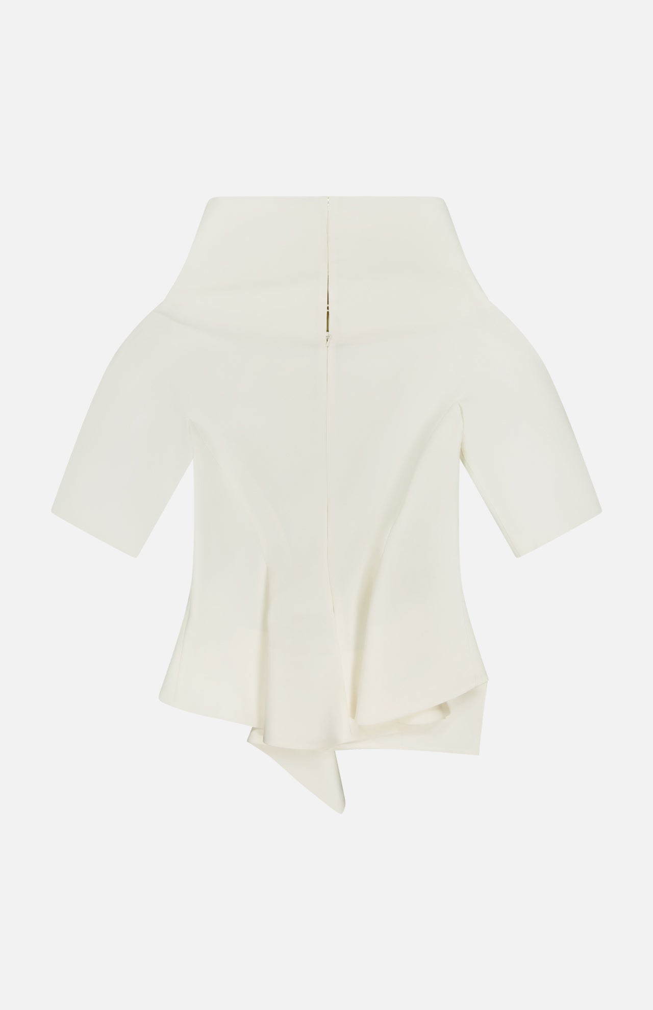 The Pippa Peplum Top by KHAITE is a white, off-the-shoulder cream top featuring short sleeves, an asymmetrical hem, and a back zipper, shown on a plain white background.