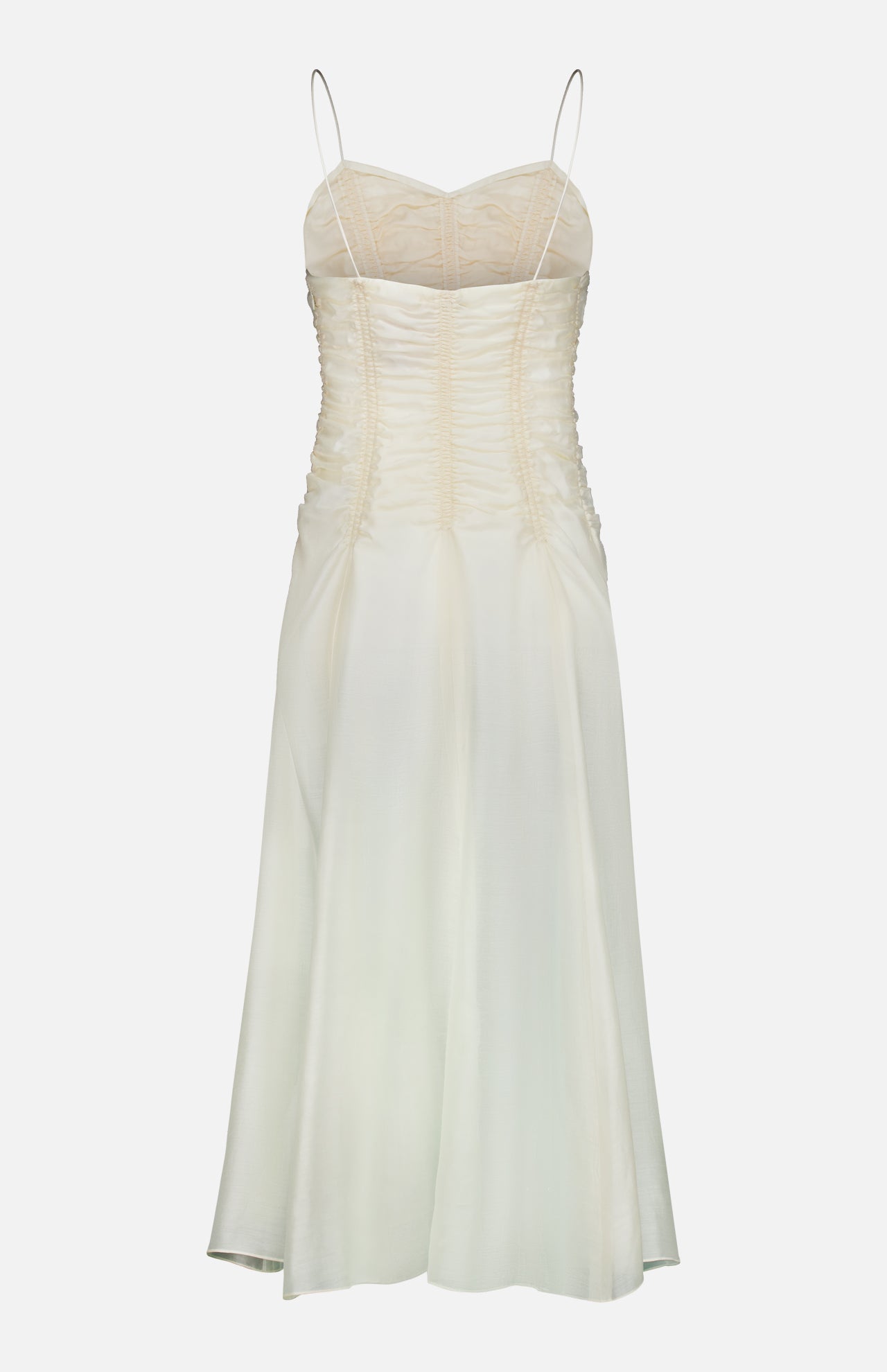 KHAITE Raina Ruched Midi Dress in off-white silk charmeuse features thin spaghetti straps, a ruched bodice, and a subtle A-line skirt, shown against a plain white background.