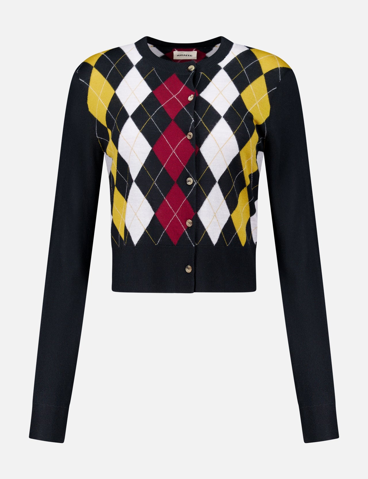 KHAITE Rita Argyle Cardigan, a long-sleeved virgin wool piece with a button front and a multi-colored argyle pattern in yellow, red, white, and black.