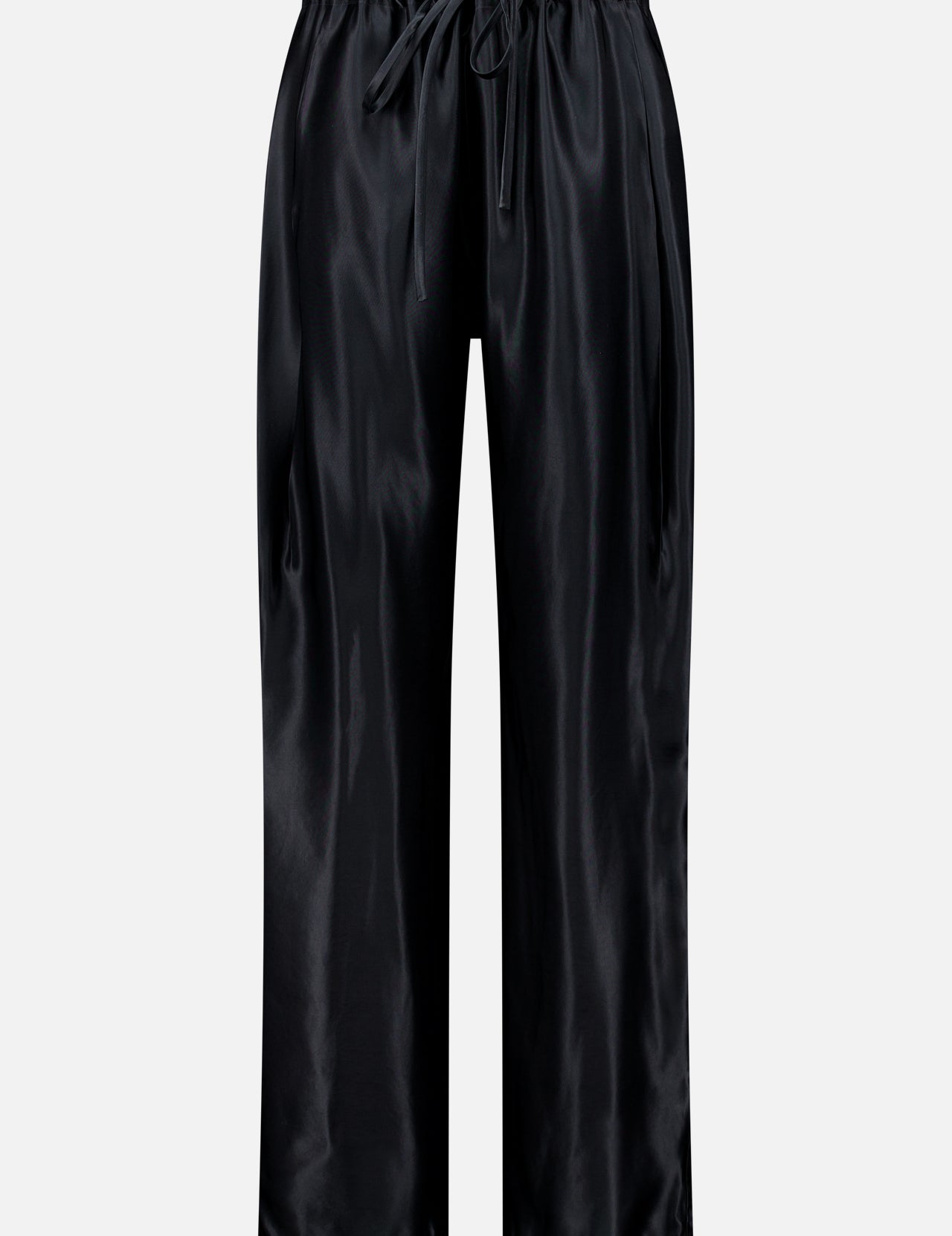 The KHAITE Rohen Satin Bow-leg Pant features a relaxed silhouette with straight legs, ideal for a minimalist wardrobe. Shown against a white background.