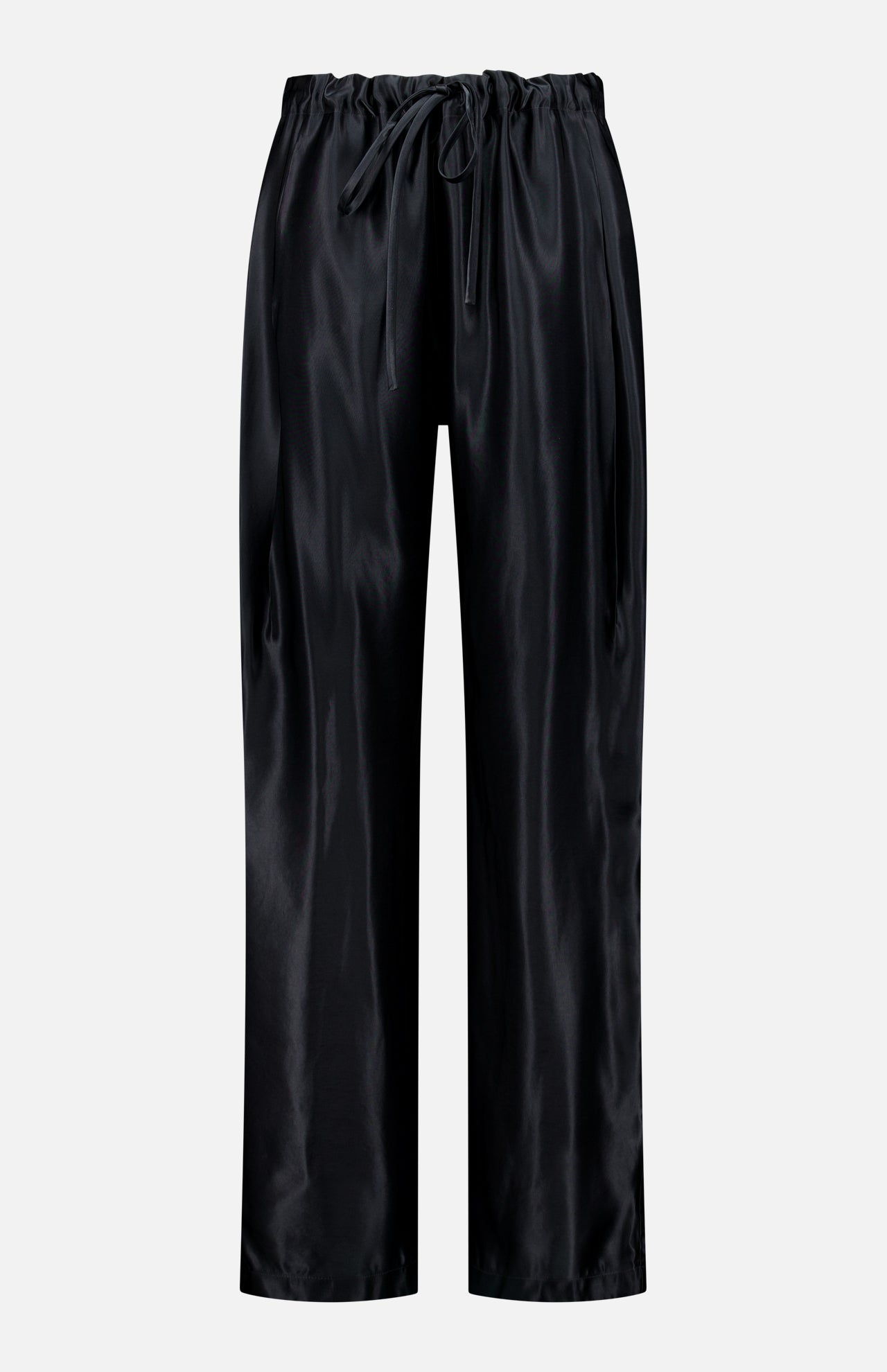 The KHAITE Rohen Satin Bow-leg Pant features a relaxed silhouette with straight legs, ideal for a minimalist wardrobe. Shown against a white background.