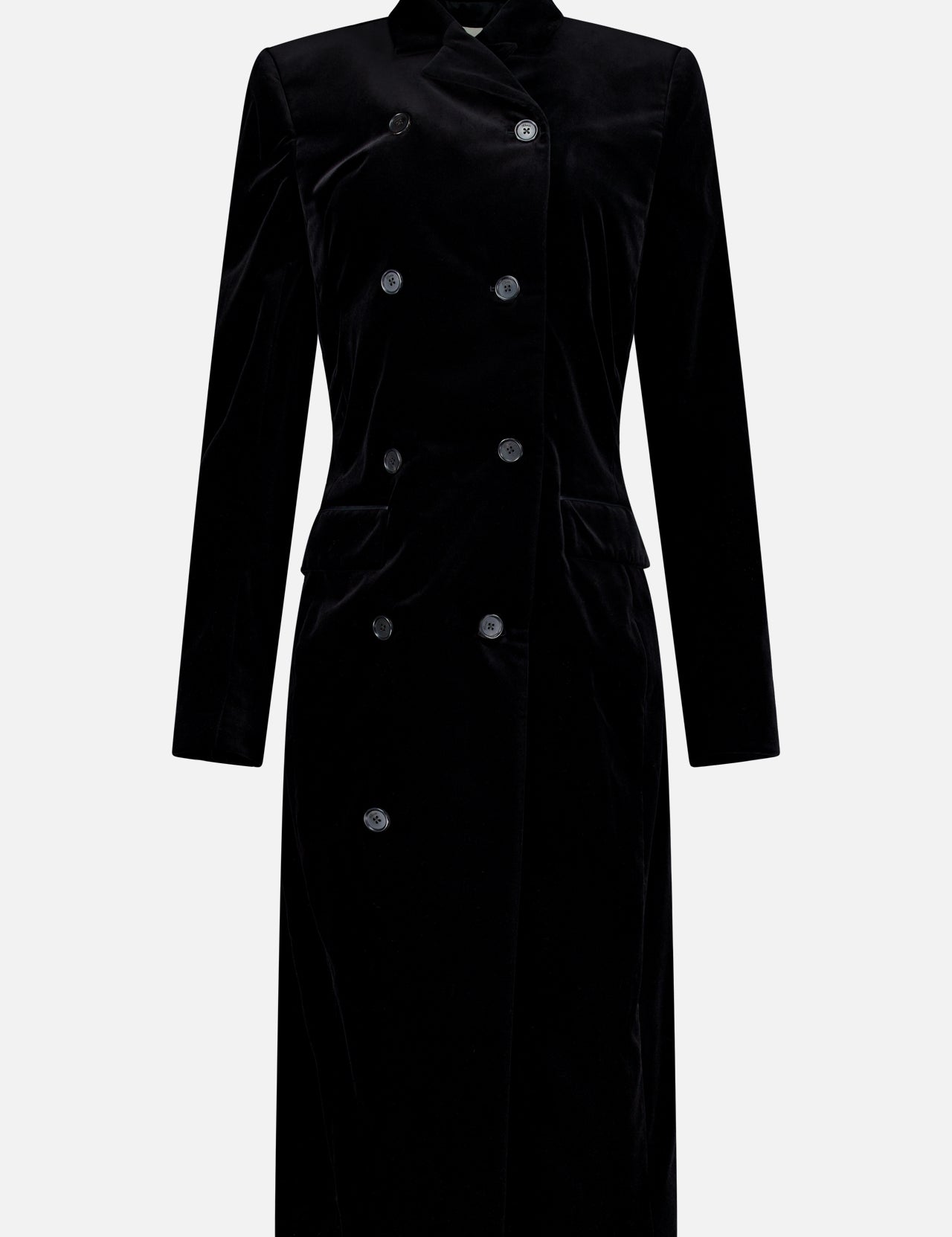 The Rolon Velvet Coat by KHAITE is a long black cotton velvet coat featuring a double-breasted design with six buttons, a stand collar, and long sleeves—an elegant staple for any minimalist wardrobe—shown against a plain white background.