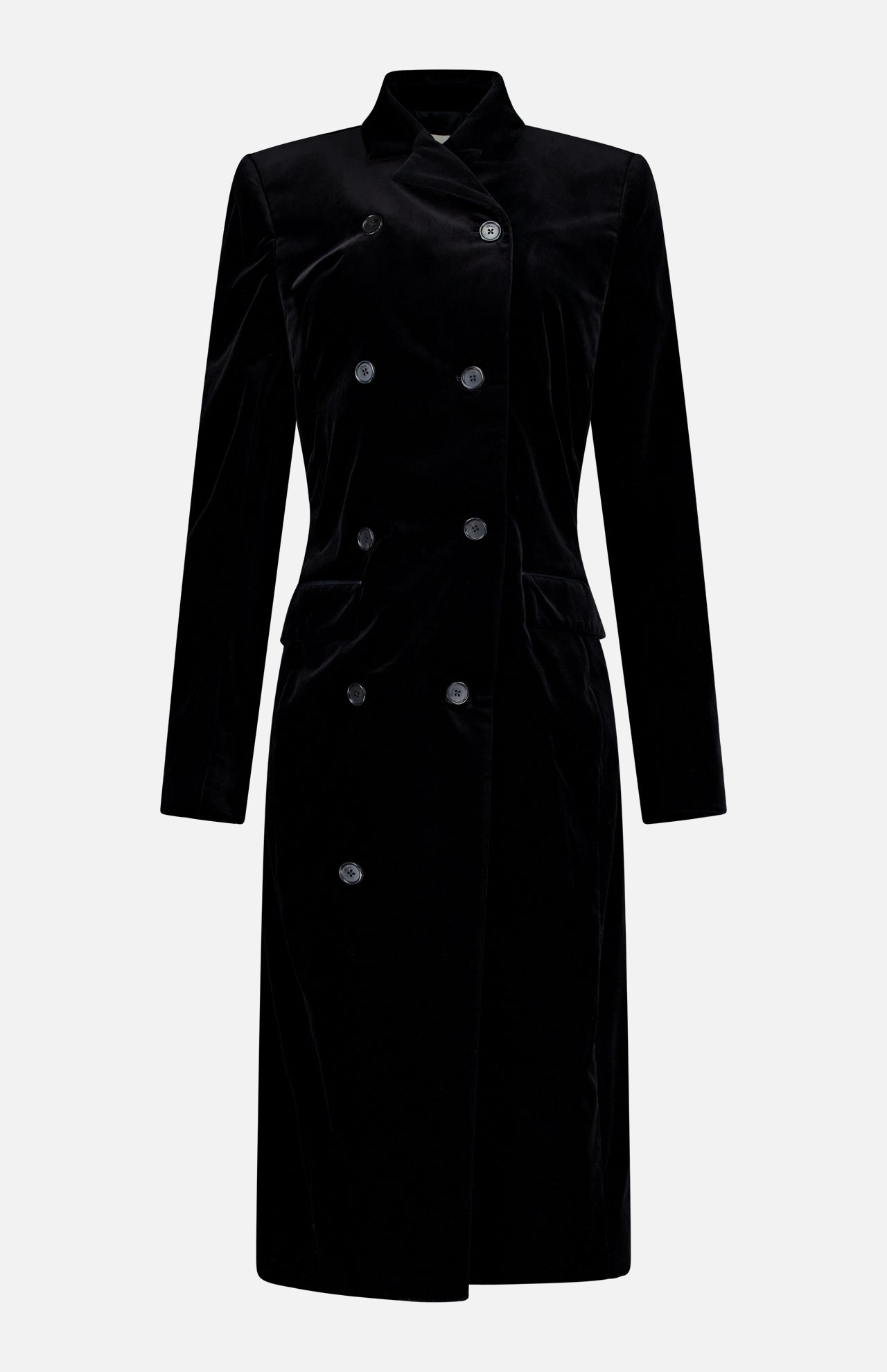 The Rolon Velvet Coat by KHAITE is a long black cotton velvet coat featuring a double-breasted design with six buttons, a stand collar, and long sleeves—an elegant staple for any minimalist wardrobe—shown against a plain white background.